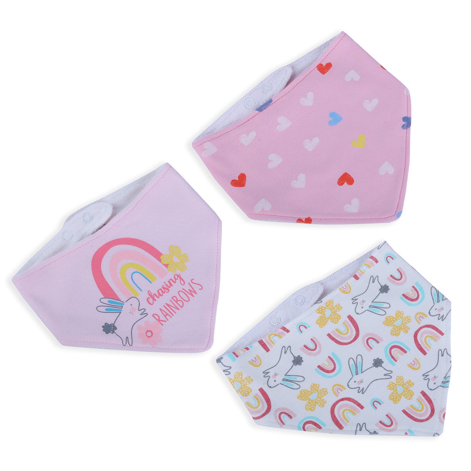 Baby Moo Bunny Chasing Rainbow Cotton 3 Pack Bandana Bibs - Pink - Baby Moo