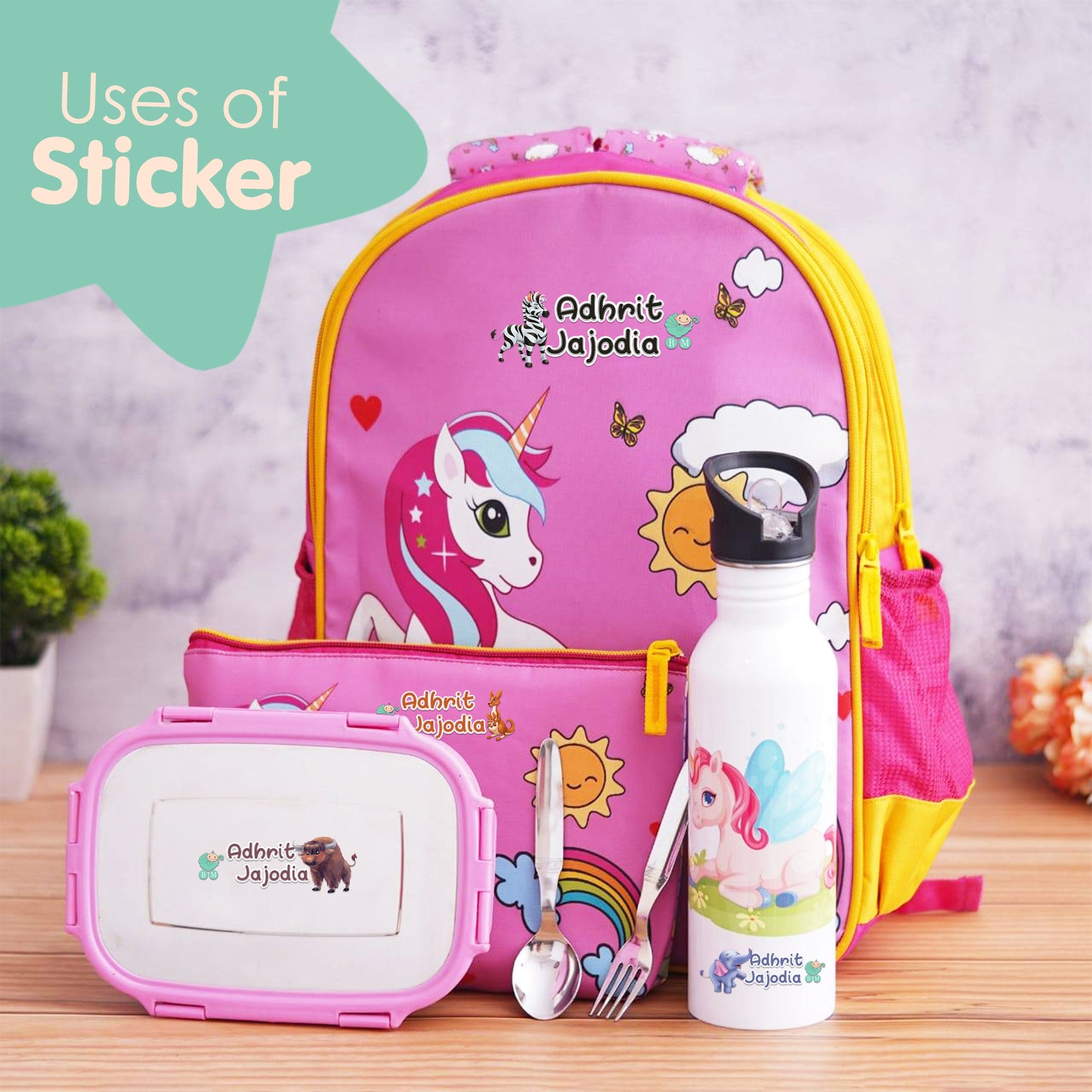 Baby Moo Animals Personalised Name Self Adhesive Transparent Embossed Stickers, 3D Labels 10 Pcs Stationery Set for Children - Multicolour