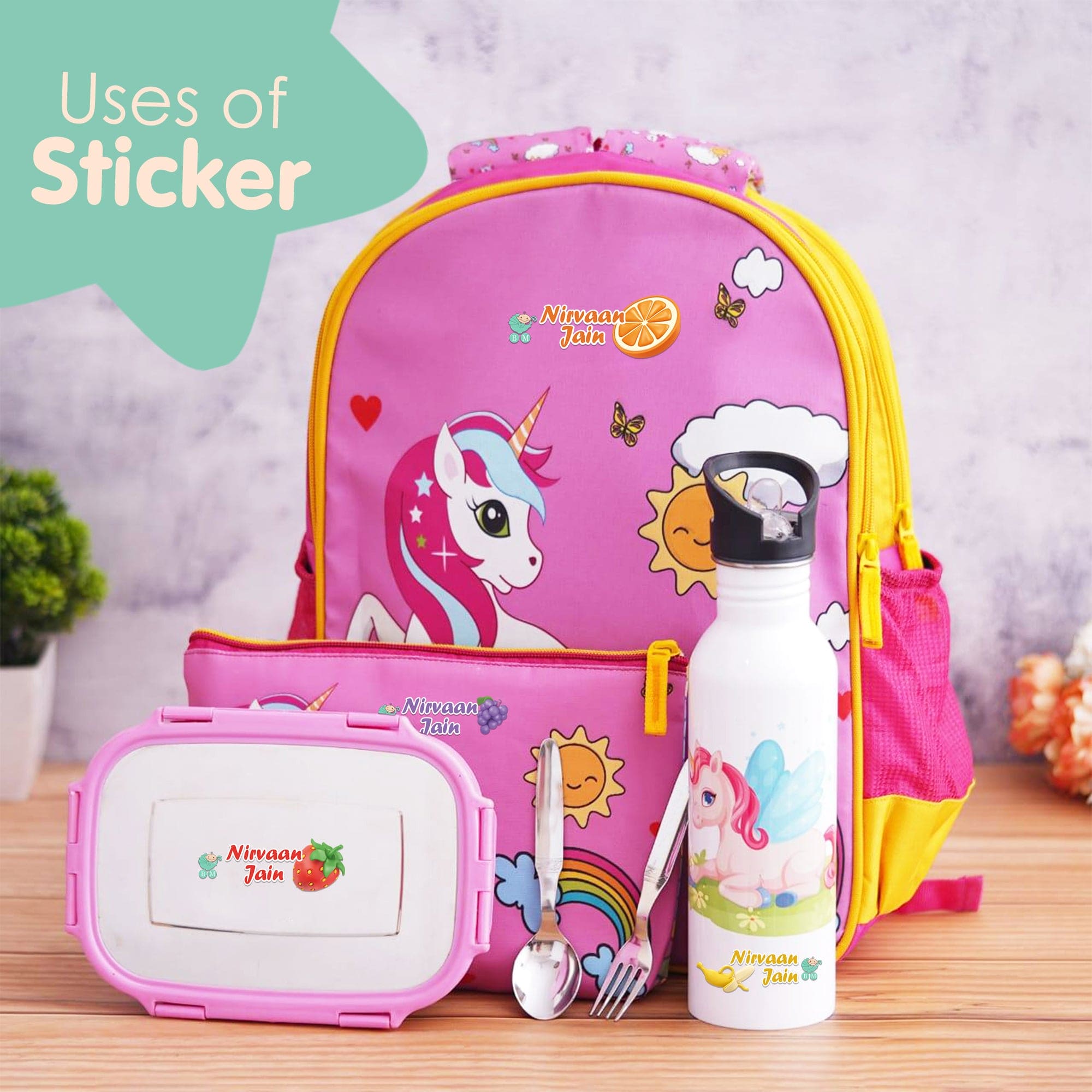 Baby Moo Fruits Personalised Name Self Adhesive Transparent Embossed Stickers, 3D Labels 20 Pcs Stationery Set for Children - Multicolour