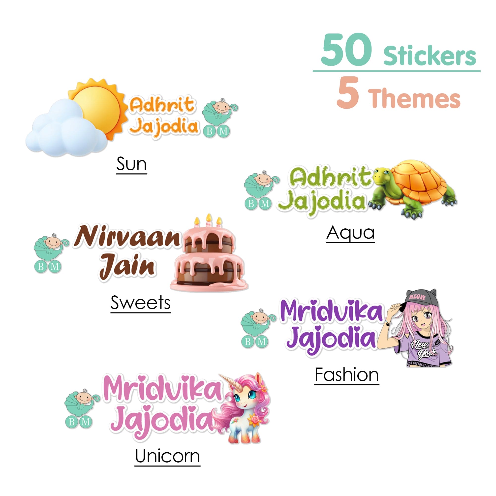 Baby Moo Sun, Aqua, Unicorn, Sweets, Fashion Personalised Name Self Adhesive Transparent Embossed Stickers, 3D Labels 50 Pcs Stationery Set for Children - Pink