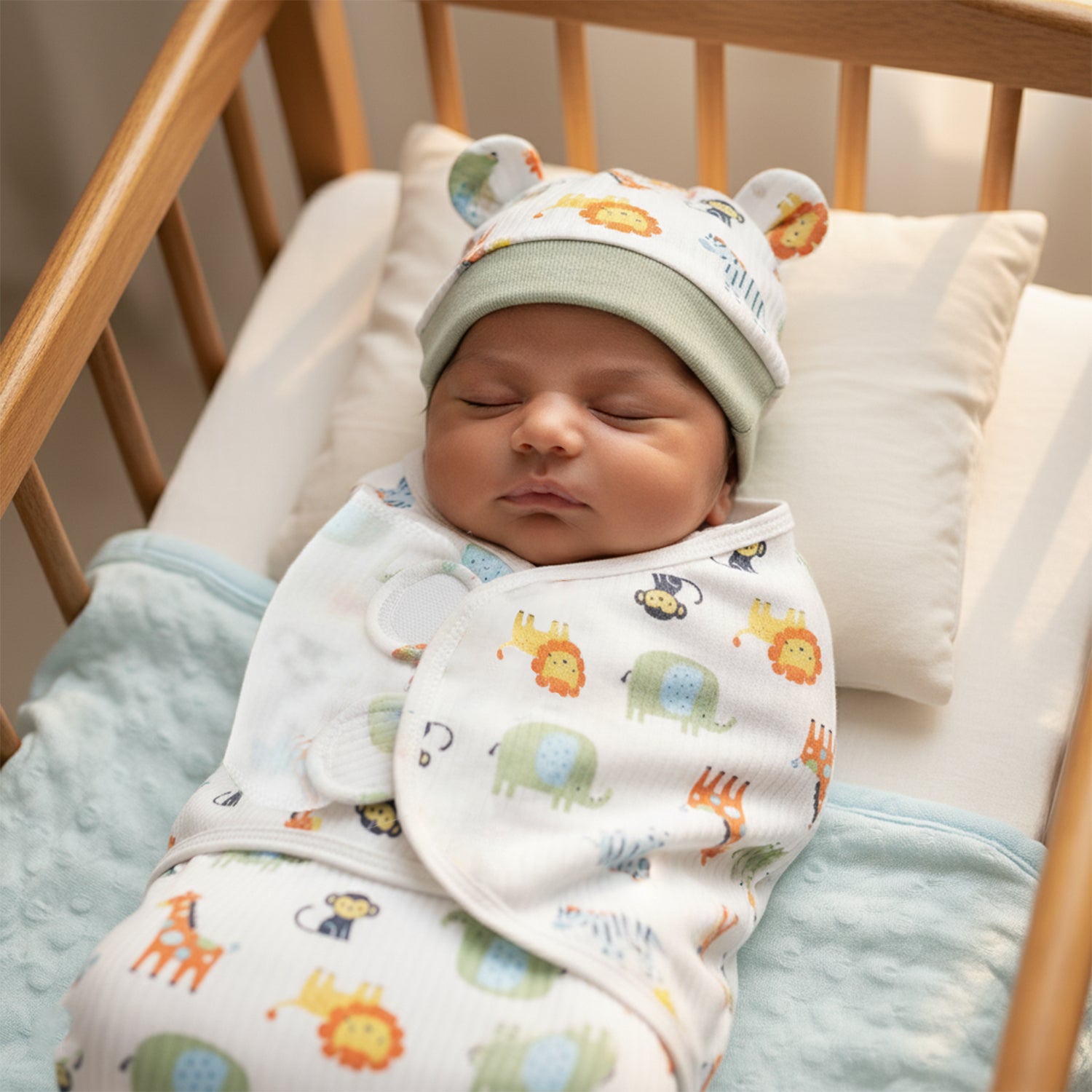 Baby Moo Dino Print Adjustable Velcro Easy Wrap Ready Swaddle For Infant With Matching 3D Cap - White