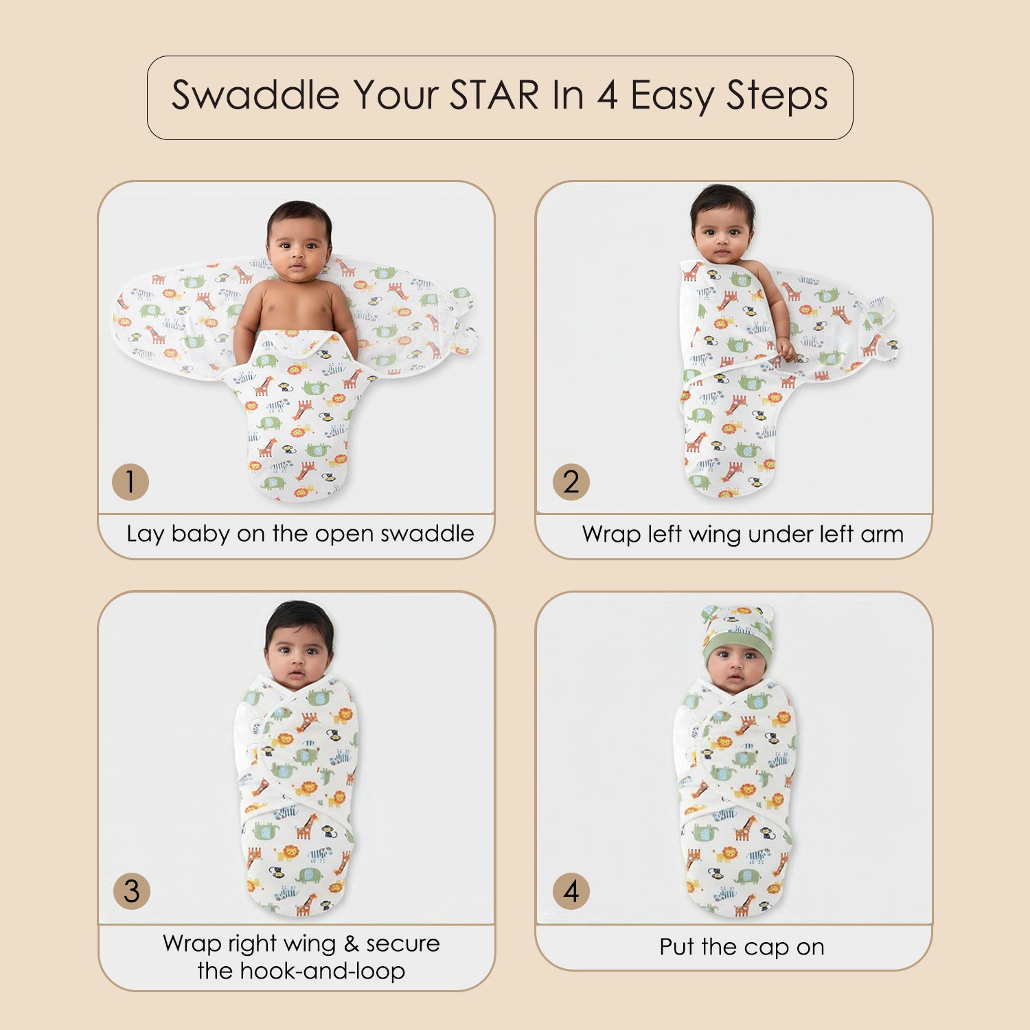 Baby Moo Dino Print Adjustable Velcro Easy Wrap Ready Swaddle For Infant With Matching 3D Cap - White