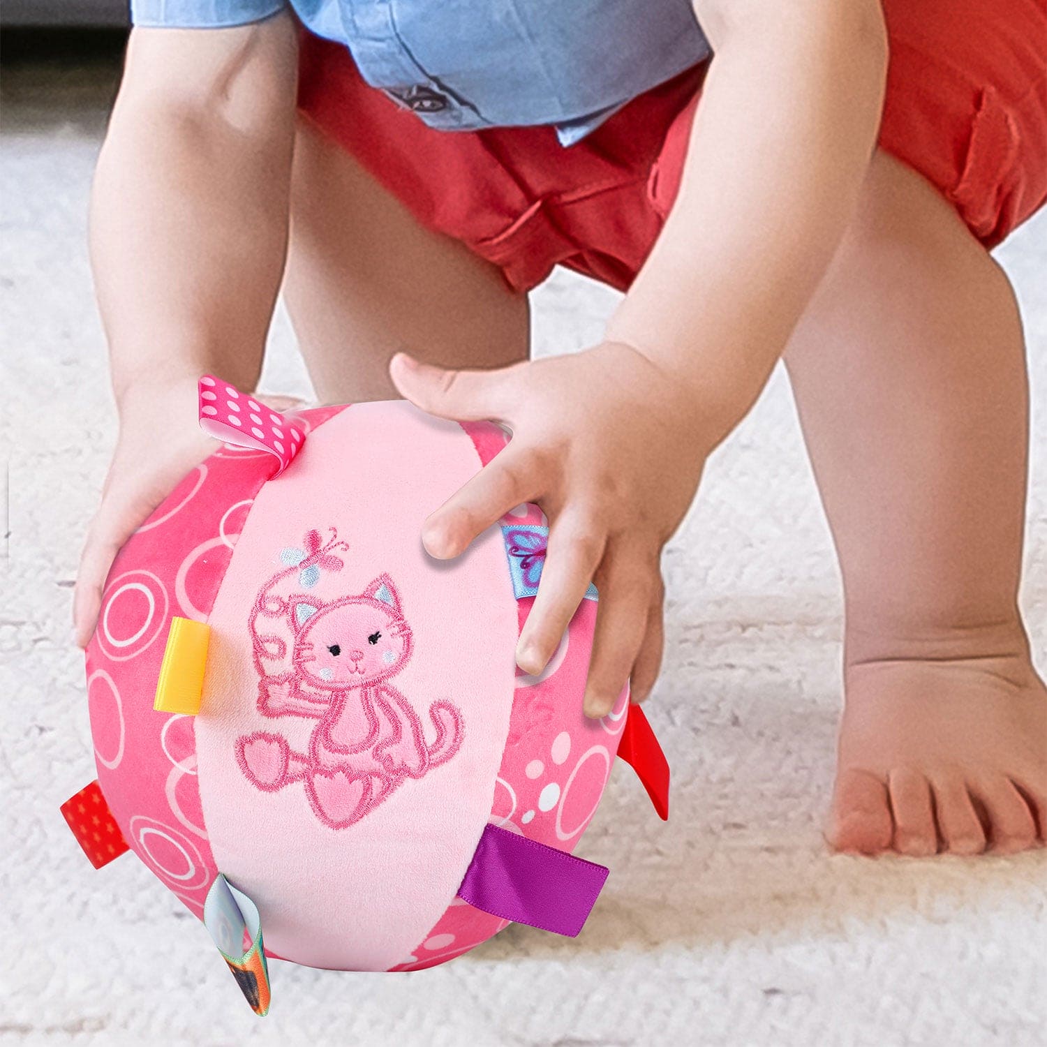 Baby Moo Blushing Cat Colorful Tag Soft Plush Rattle Ball - Pink