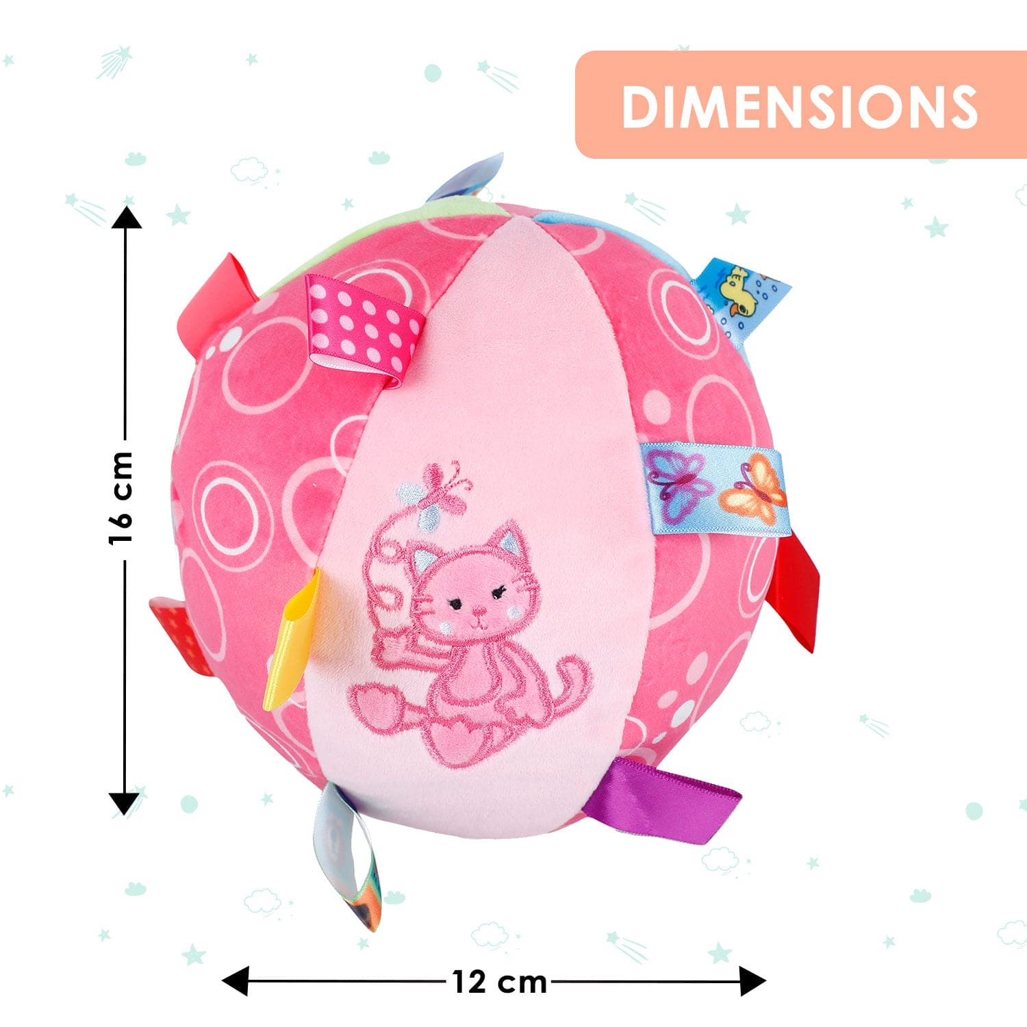 Baby Moo Blushing Cat Colorful Tag Soft Plush Rattle Ball - Pink