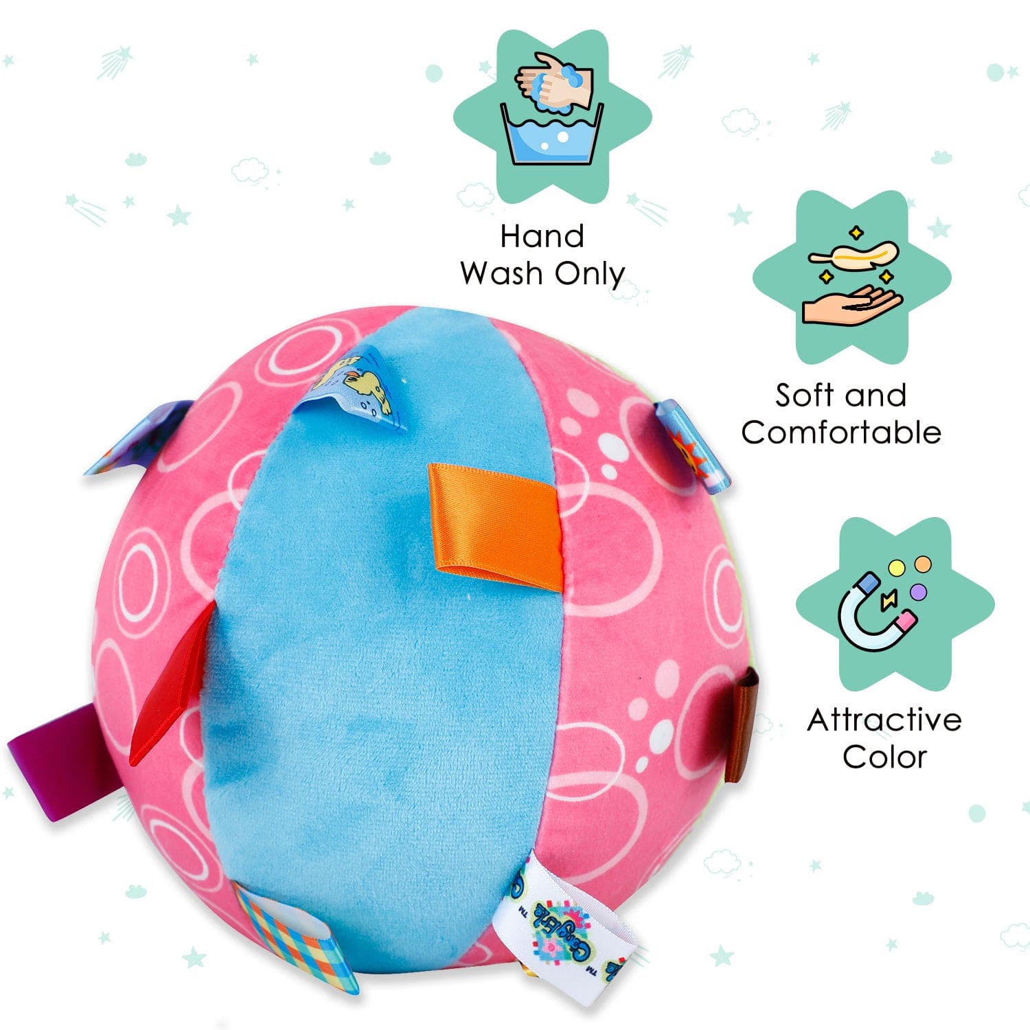 Baby Moo Blushing Cat Colorful Tag Soft Plush Rattle Ball - Pink