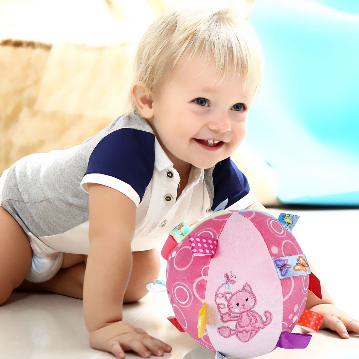 Baby Moo Blushing Cat Colorful Tag Soft Plush Rattle Ball - Pink