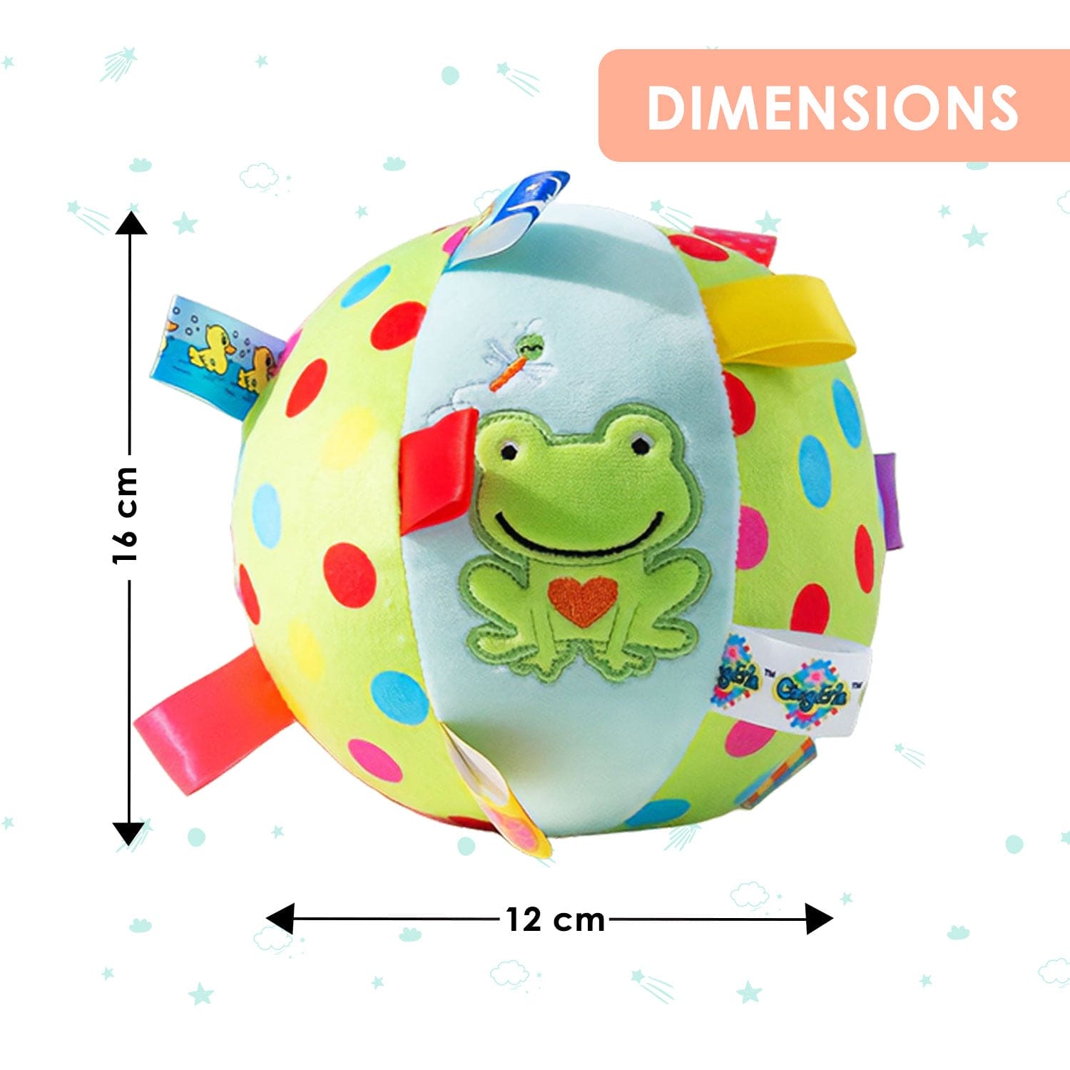 Baby Moo Jumping Frog Colorful Tag Soft Plush Rattle Ball - Green