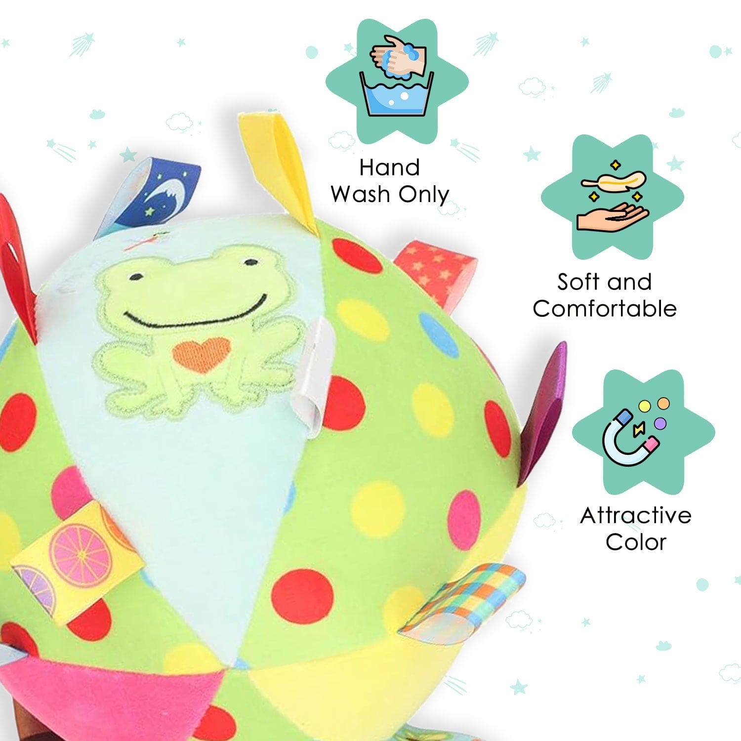 Baby Moo Jumping Frog Colorful Tag Soft Plush Rattle Ball - Green