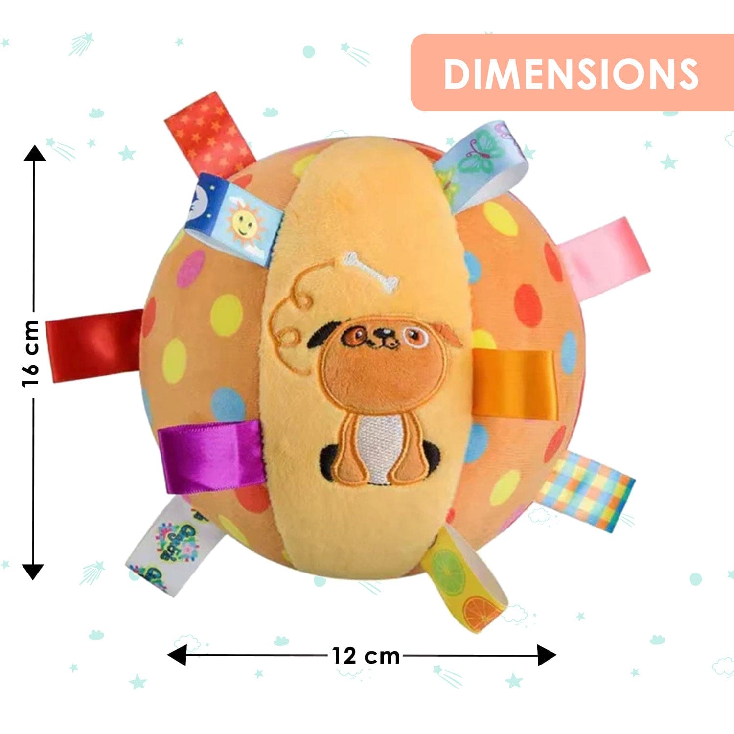 Baby Moo Cute Dog Colorful Tag Soft Plush Rattle Ball - Yellow