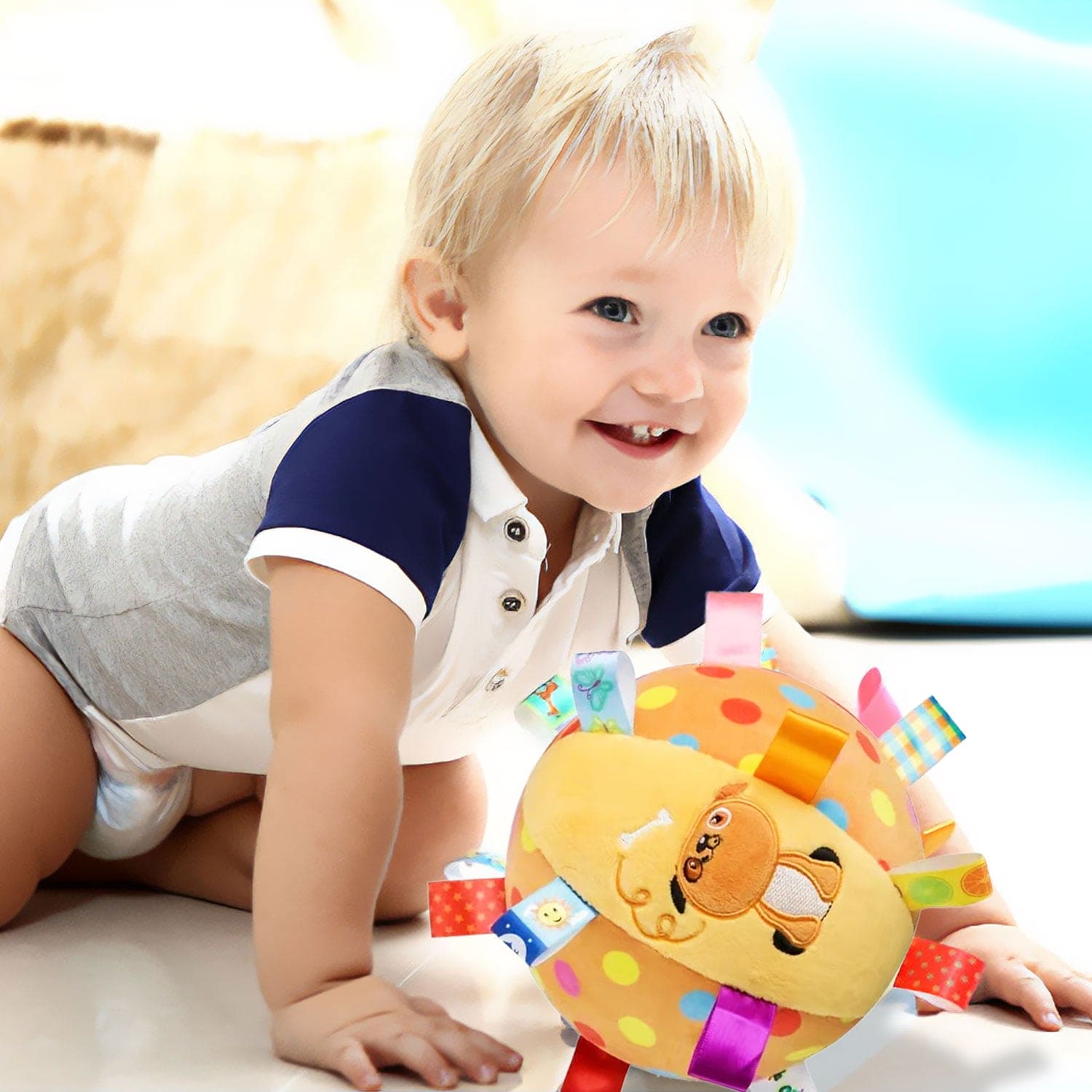 Baby Moo Cute Dog Colorful Tag Soft Plush Rattle Ball - Yellow