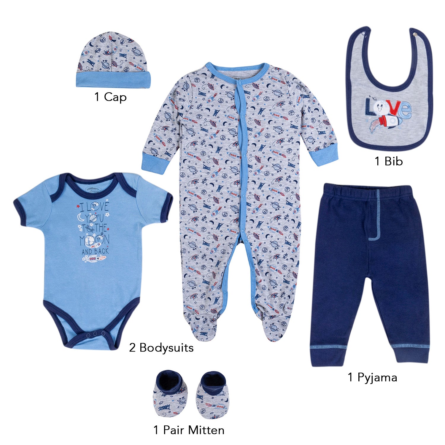 Baby Moo Chandrayaan Gift Set 6 Piece With Bodysuits, Pyjama, Cap, Bib And Socks - Blue