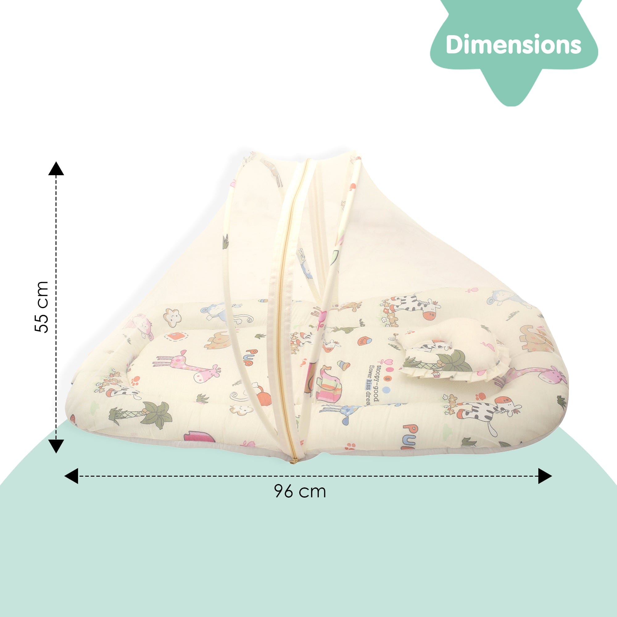 Mosquito Net Tent Mattress Set With Neck Pillow I Love Animals Cream