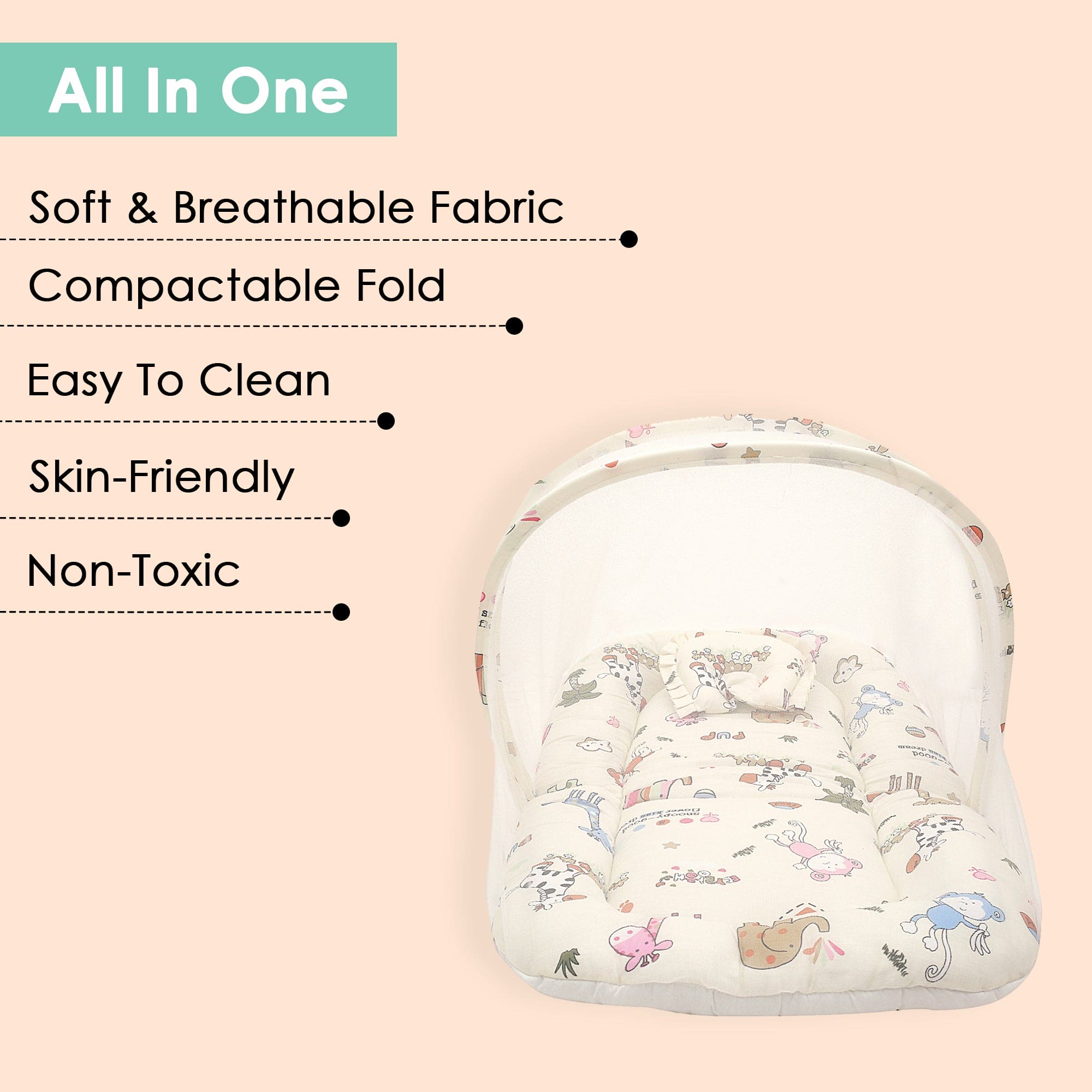 Mosquito Net Tent Mattress Set With Neck Pillow I Love Animals Cream