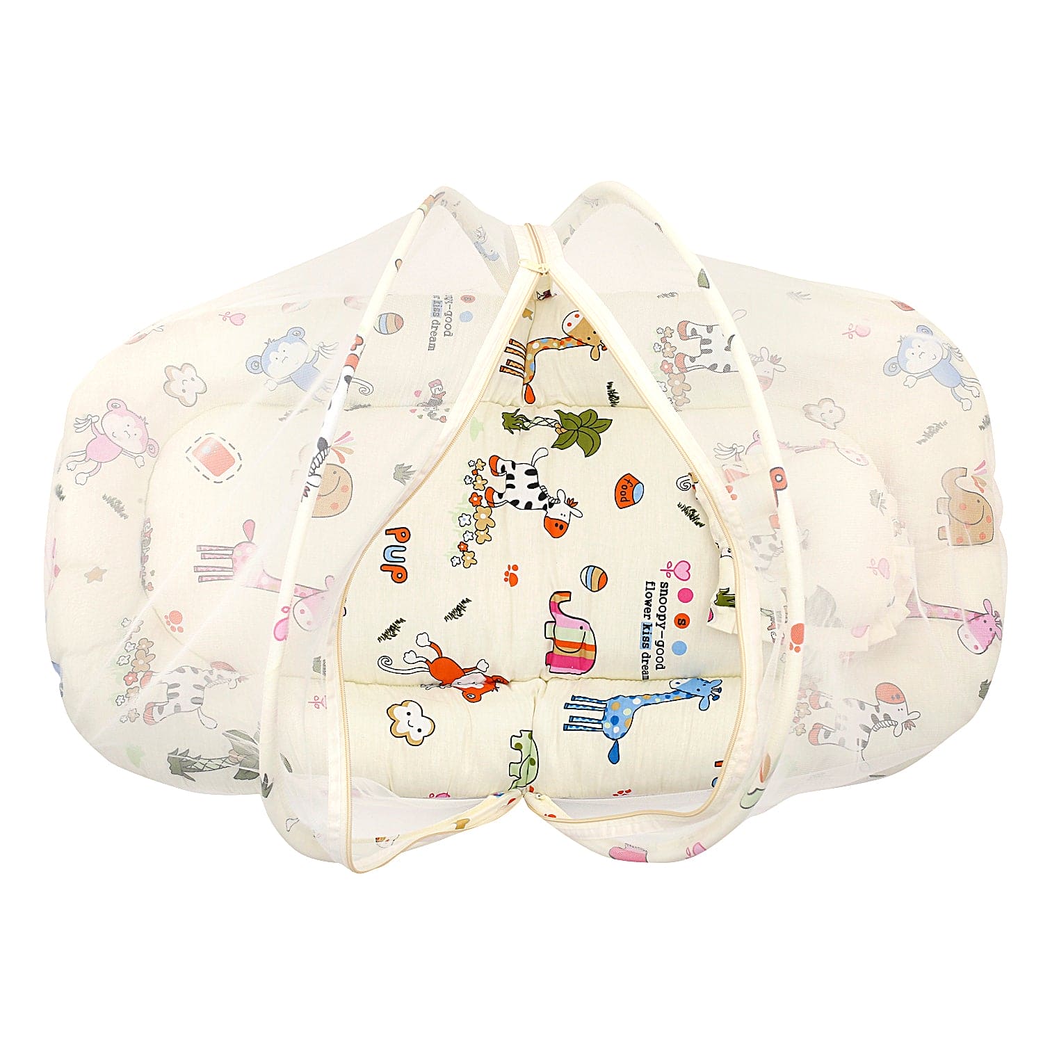 Mosquito Net Tent Mattress Set With Neck Pillow I Love Animals Cream
