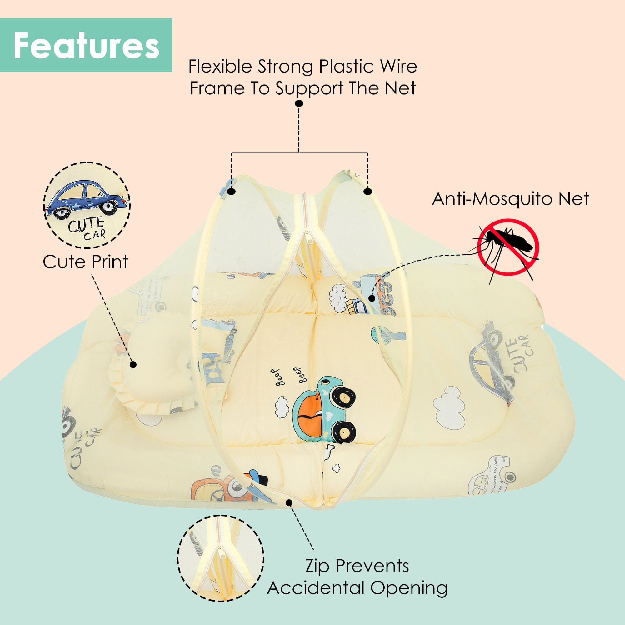 Mosquito Net Tent Mattress Set With Neck Pillow Vintage Ride Yellow