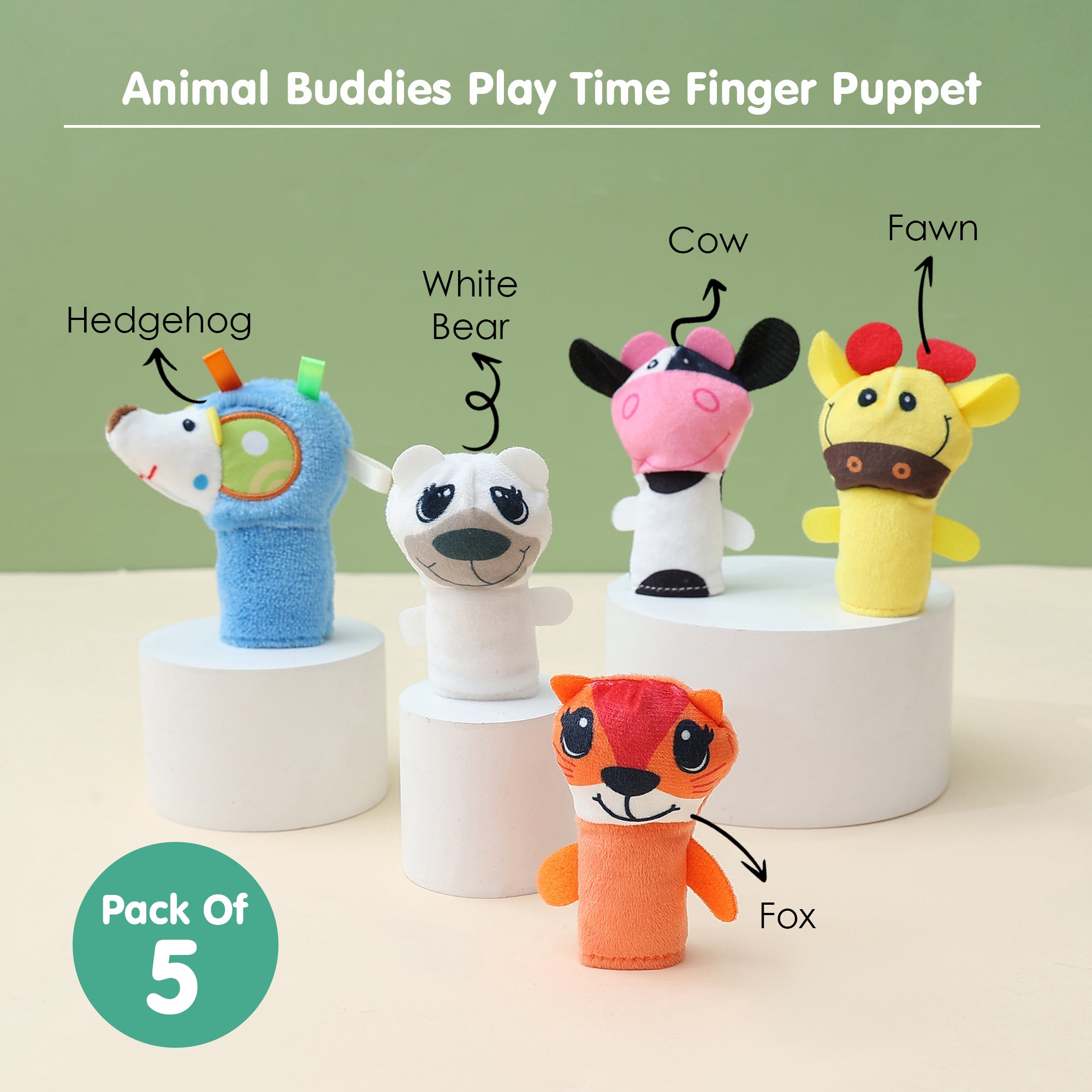 Baby Moo Animal Buddies Play Time Pack of 5 Plush Storytelling Finger Puppets - Multicolour