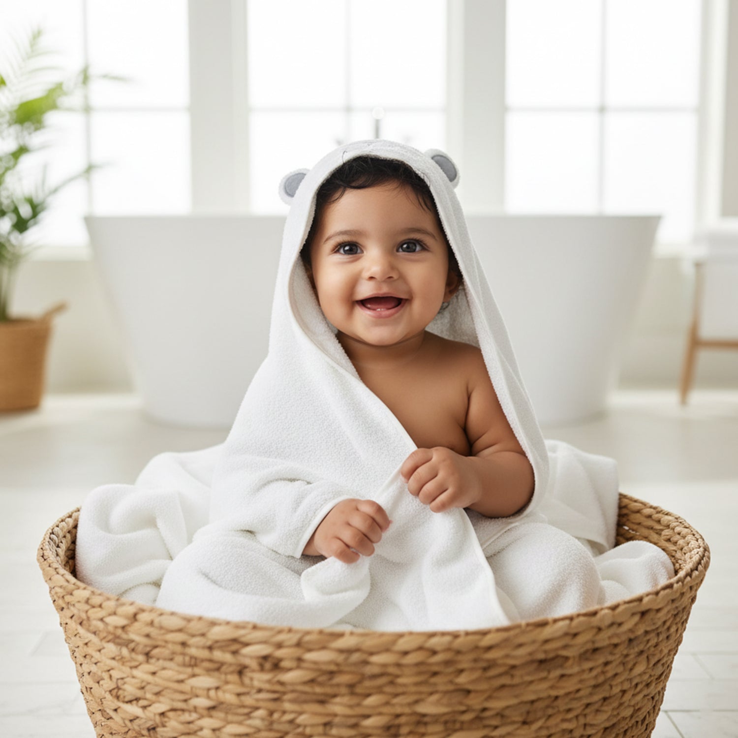 Baby Moo Cute Animal 3D Absorbent Hooded Towel - White And Grey