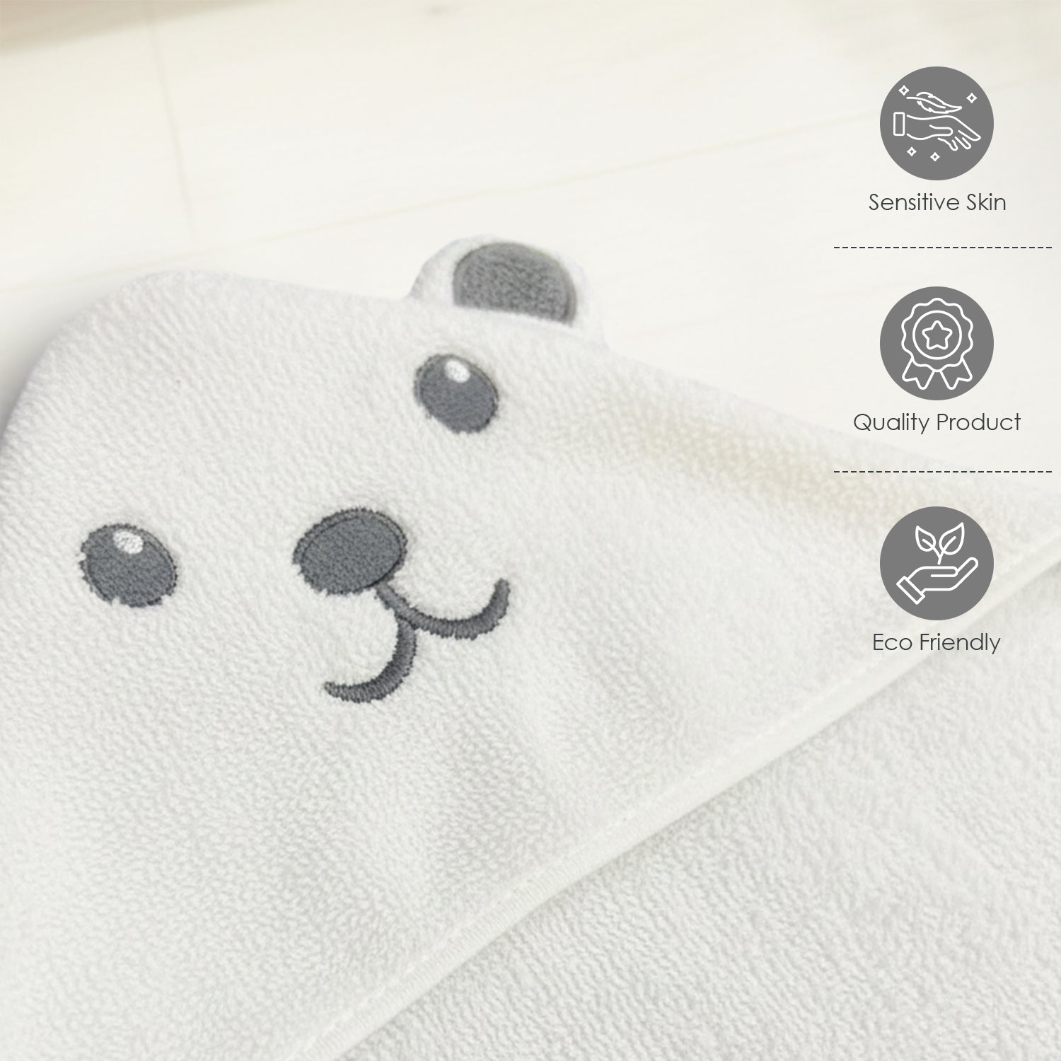 Baby Moo Cute Animal 3D Absorbent Hooded Towel - White And Grey