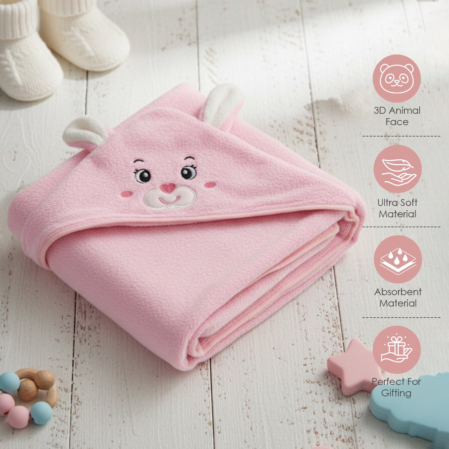 Baby Moo Blushing Bunny 3D Absorbent Hooded Towel - Pink