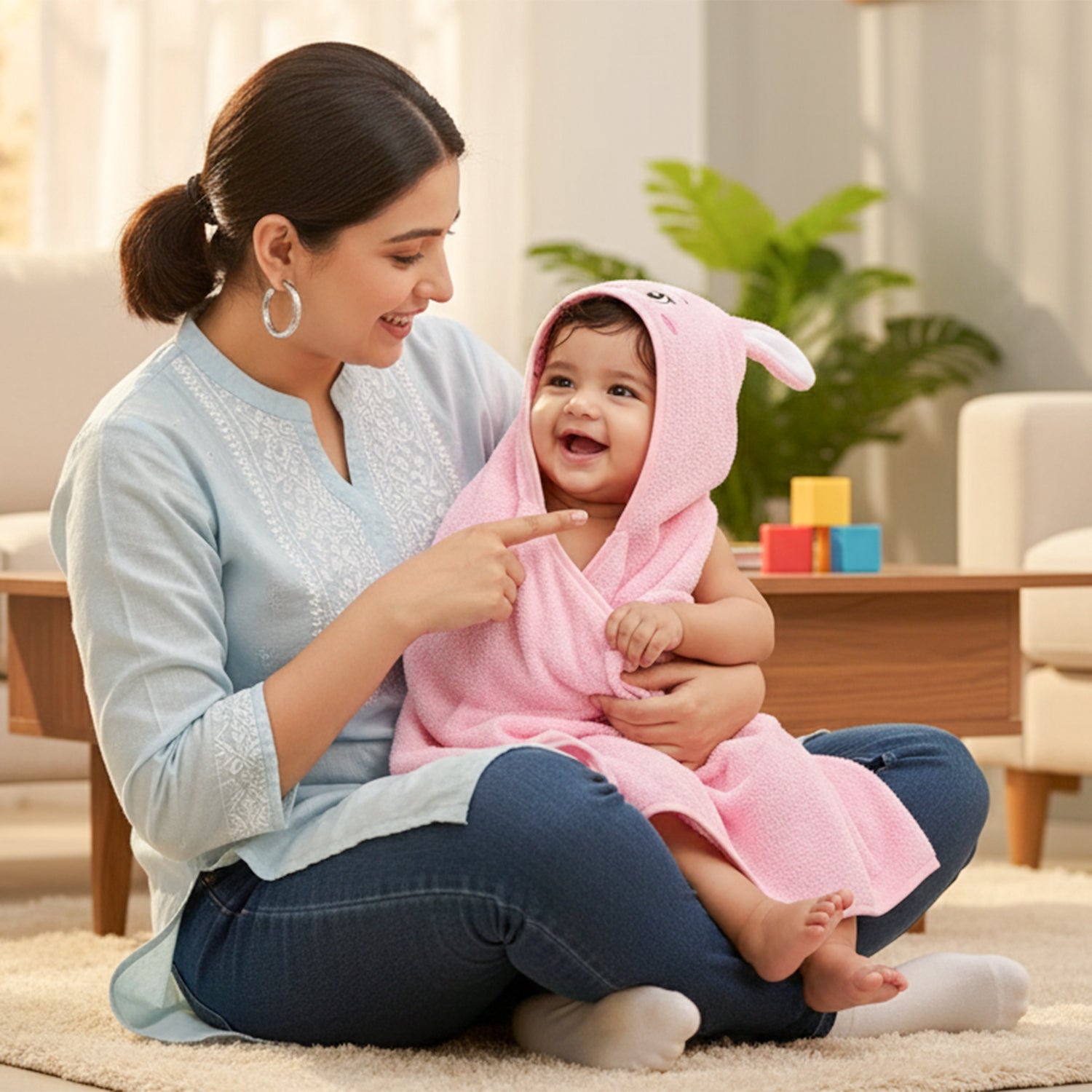 Baby Moo Blushing Bunny 3D Absorbent Hooded Towel - Pink