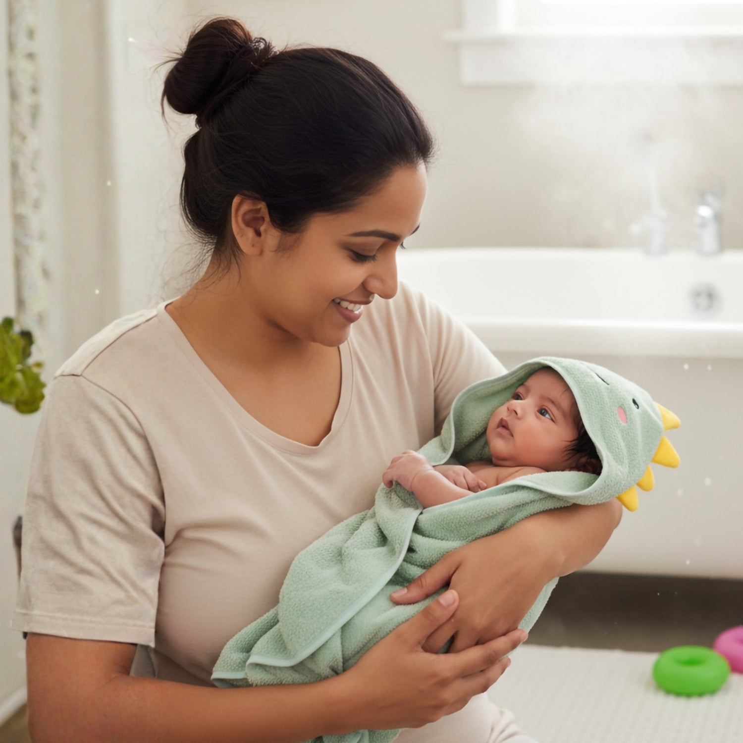 Baby Moo Baby Dino 3D Absorbent Hooded Towel - Mint Green