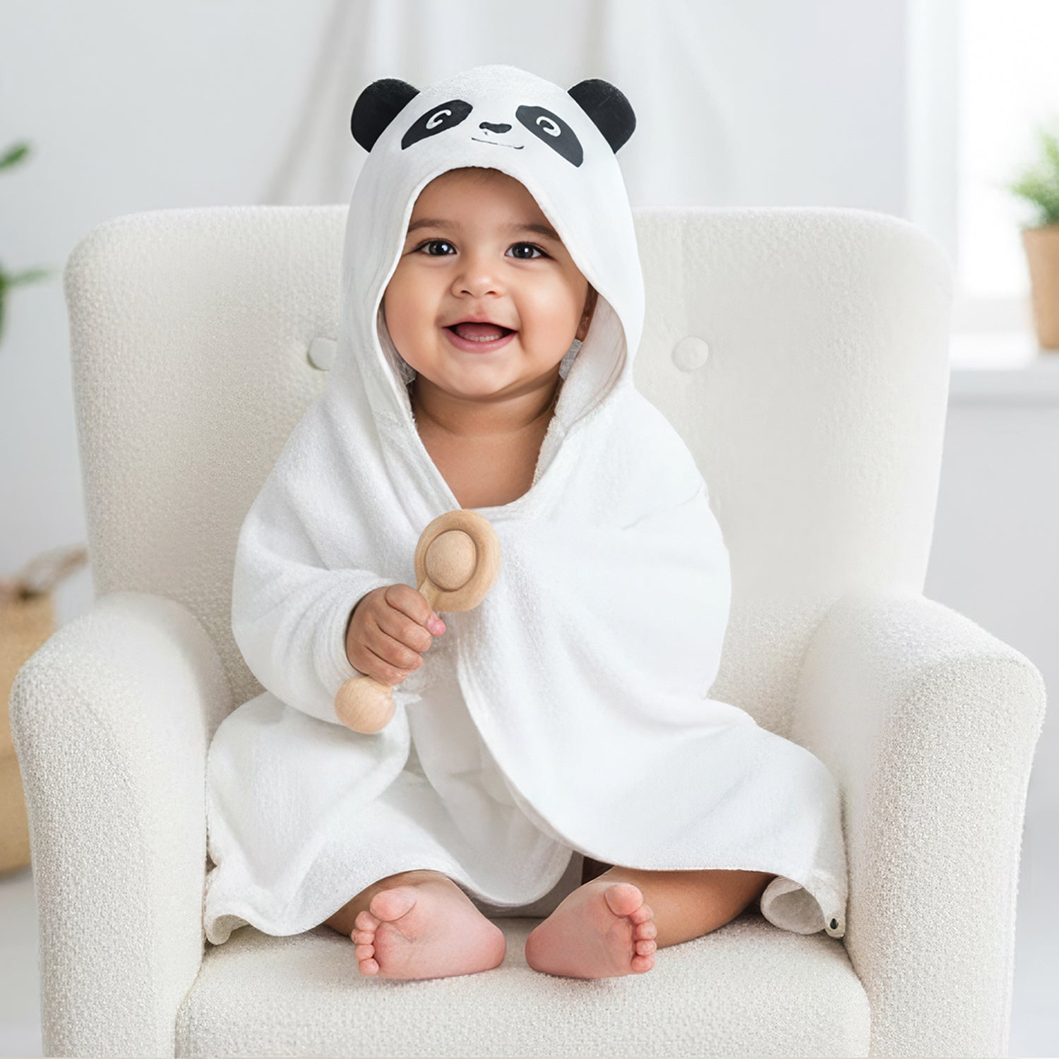Baby Moo Plushy Panda 3D Absorbent Hooded Towel - White