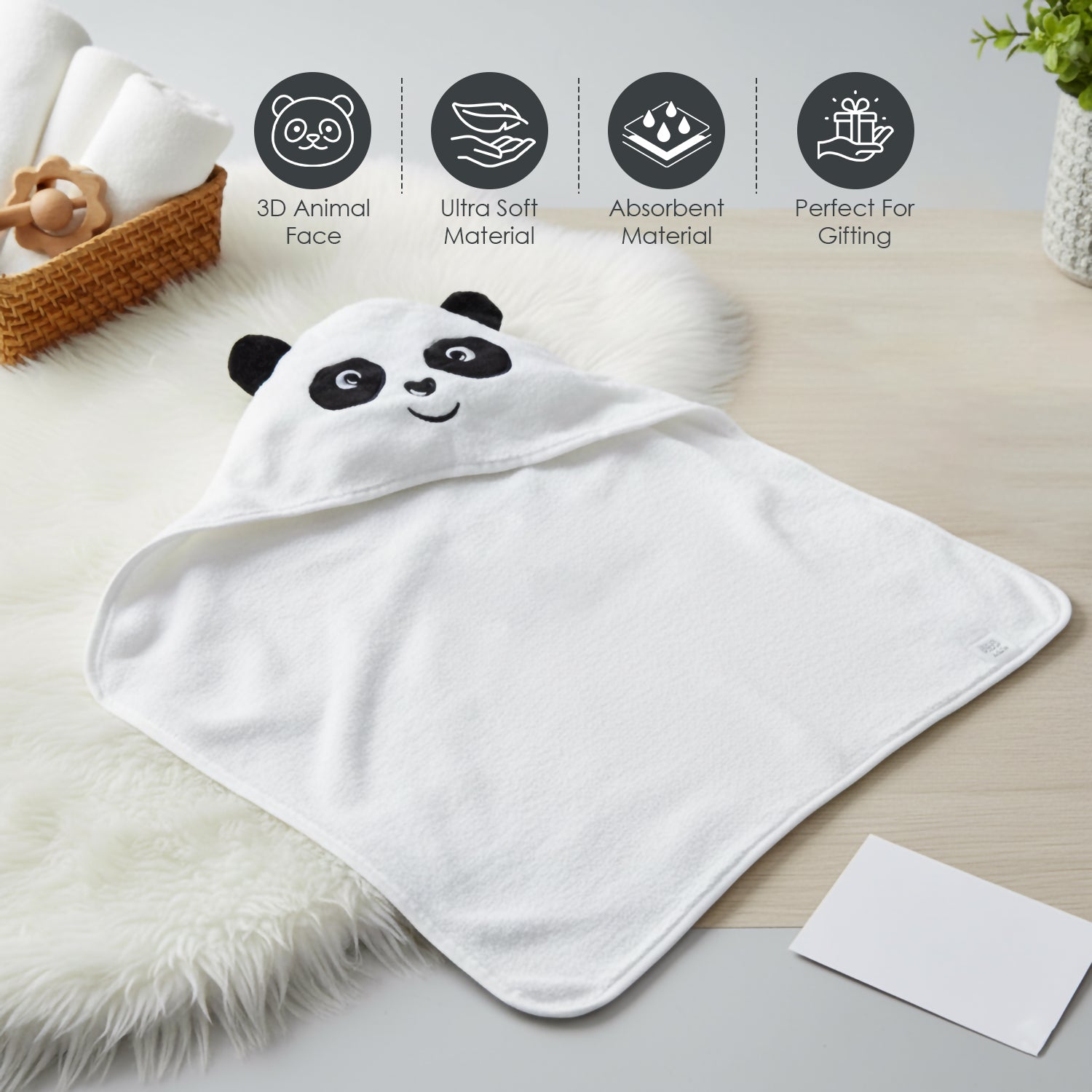Baby Moo Plushy Panda 3D Absorbent Hooded Towel - White