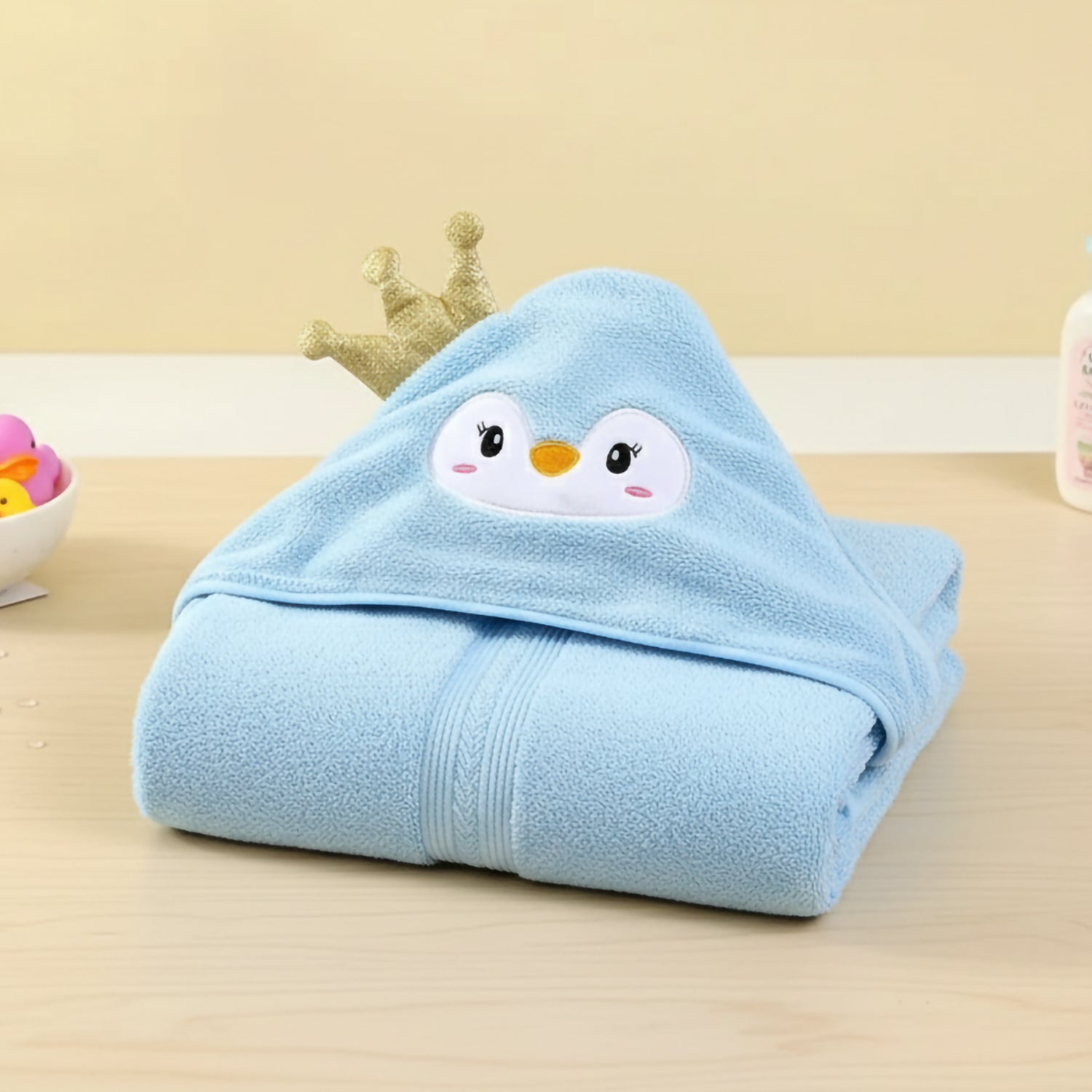 Baby Moo Royal Penguin 3D Absorbent Hooded Towel - Blue