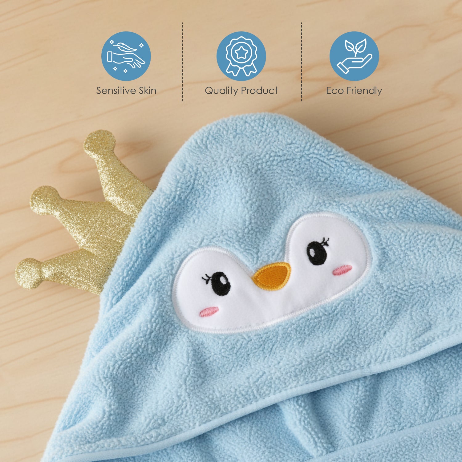 Baby Moo Royal Penguin 3D Absorbent Hooded Towel - Blue