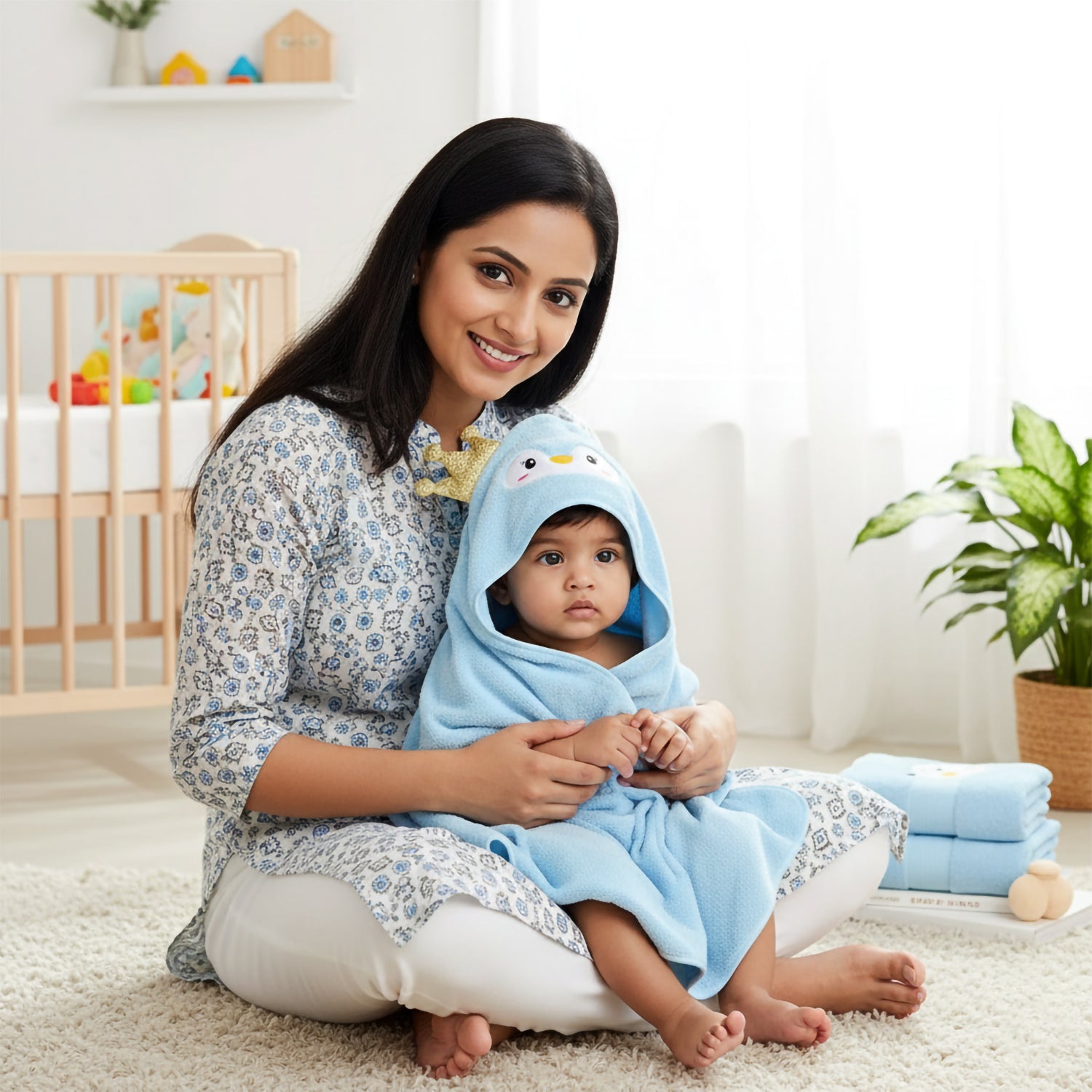 Baby Moo Royal Penguin 3D Absorbent Hooded Towel - Blue