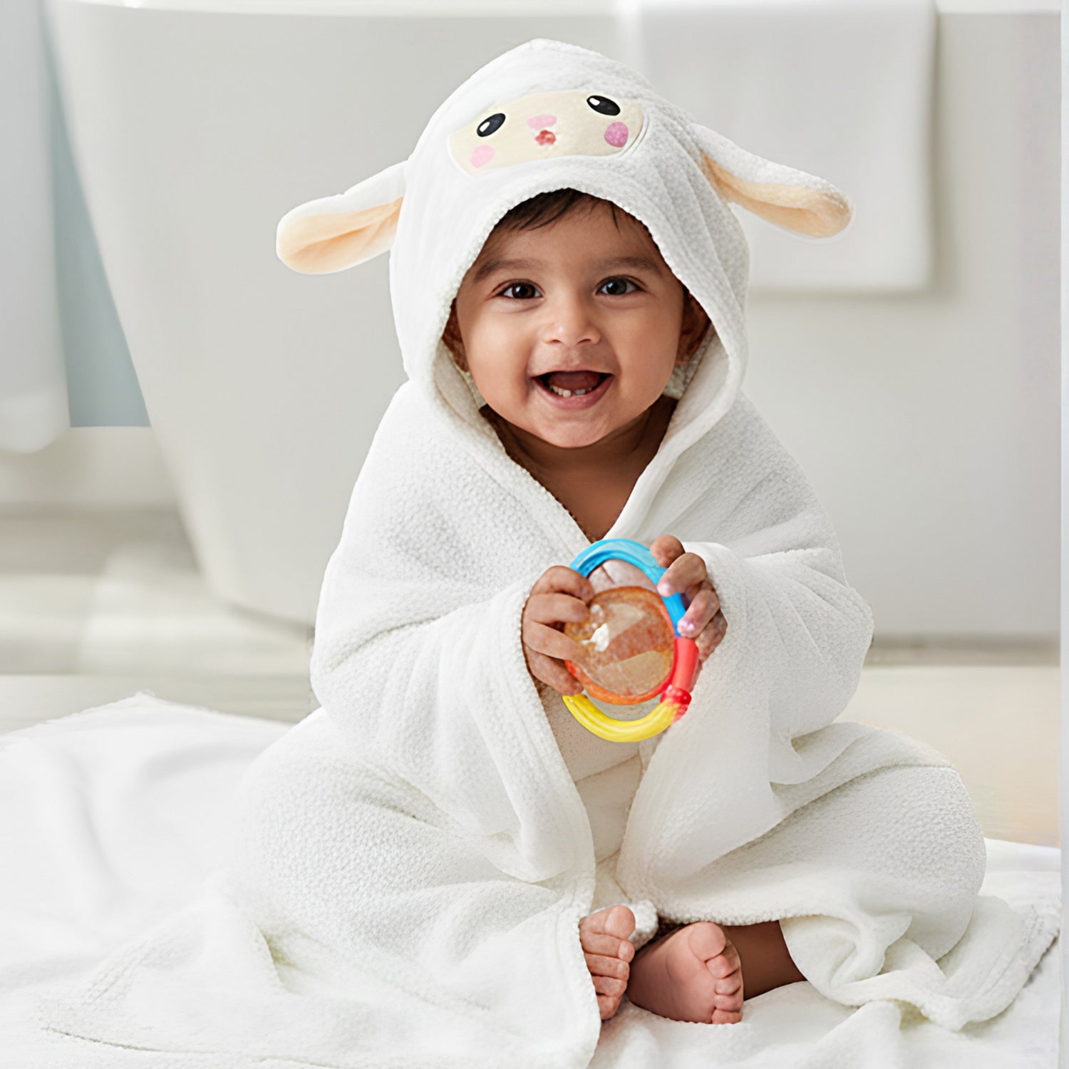 Baby Moo Cute Sheep 3D Absorbent Hooded Towel - White