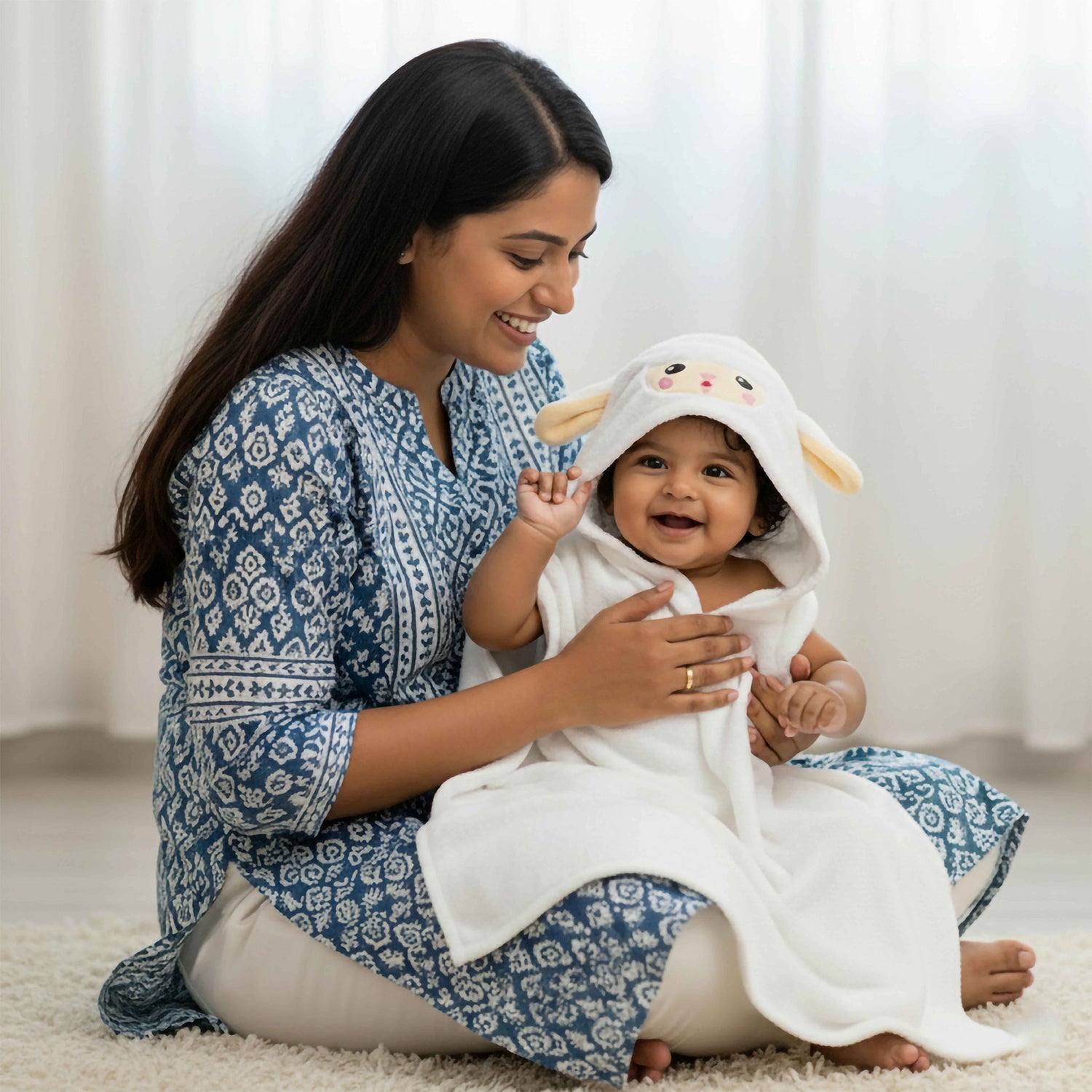 Baby Moo Cute Sheep 3D Absorbent Hooded Towel - White