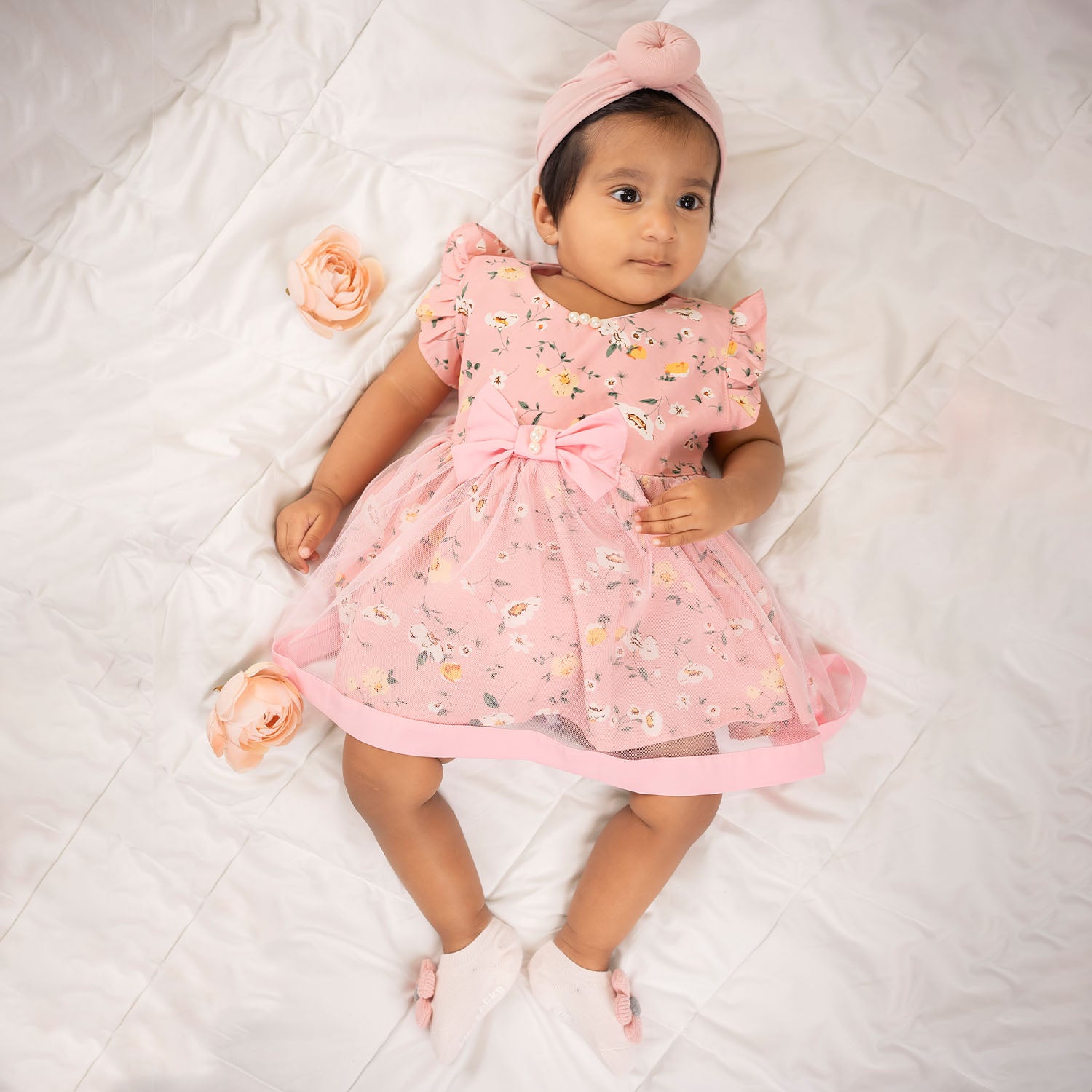 Baby Moo 3D Knot Turban Cap And Matching Floral Socks Set - Pink - Baby Moo