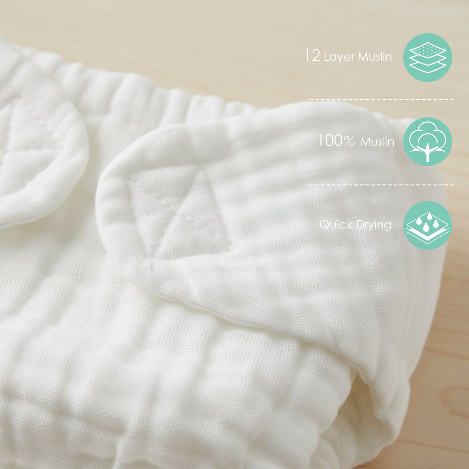 Baby Moo Plain 12 Layer Absorbent Muslin Diaper Pack of 3 - White