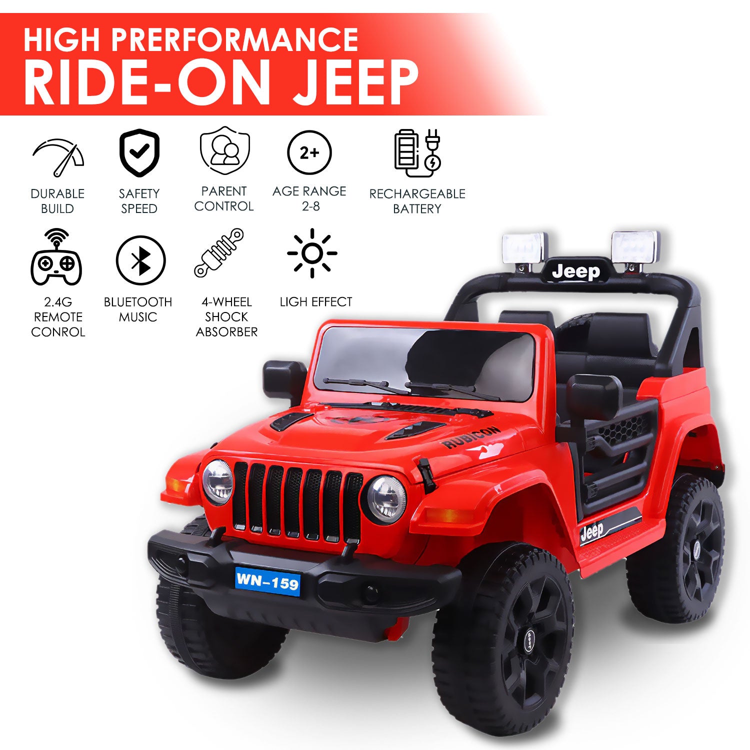 Baby Moo 4X4 Battery Operated Electric Ride On Jeep With Rechargeable 12V Battery, Remote Control Double Seat - Red