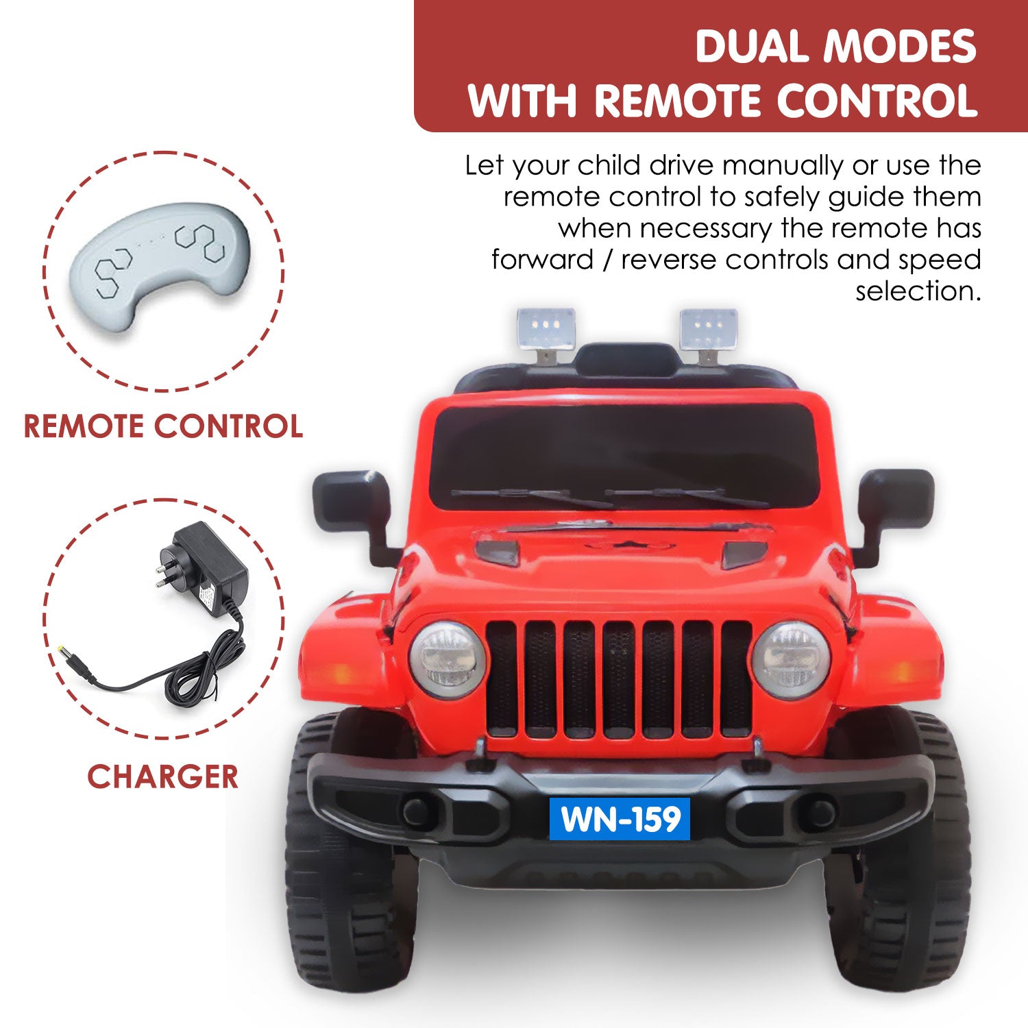 Baby Moo 4X4 Battery Operated Electric Ride On Jeep With Rechargeable 12V Battery, Remote Control Double Seat - Red