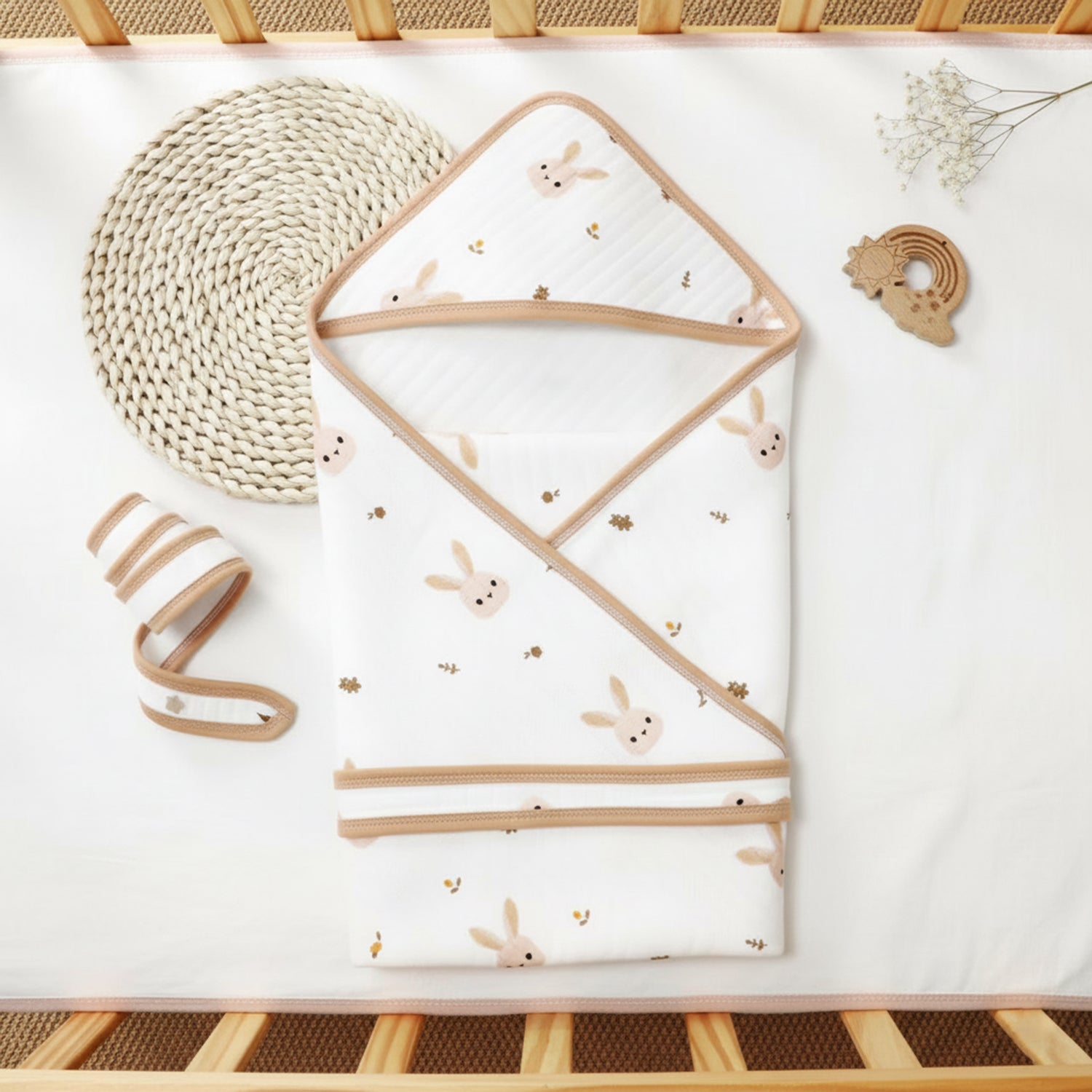 Baby Moo Bunny Prints Soft Hooded Wrapper With Belt - White