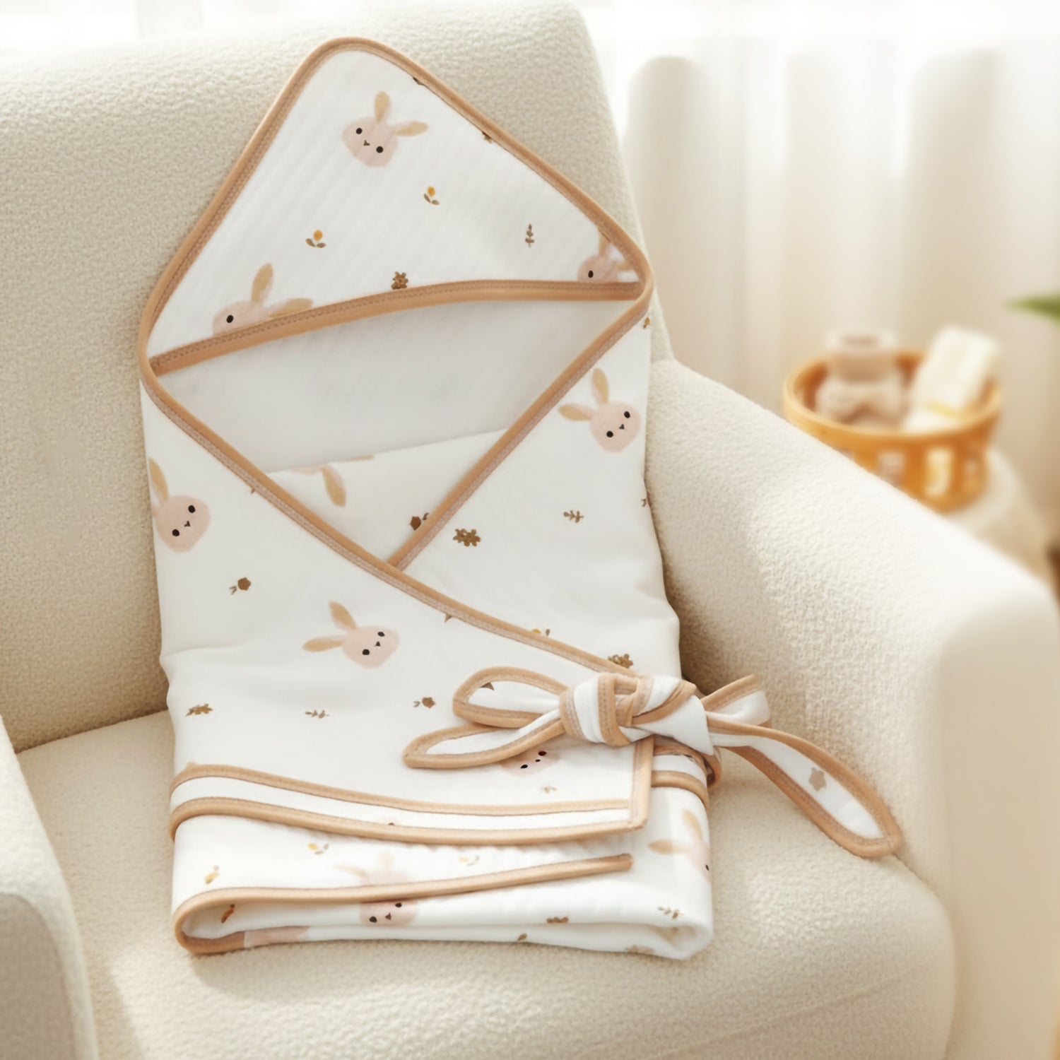 Baby Moo Bunny Prints Soft Hooded Wrapper With Belt - White