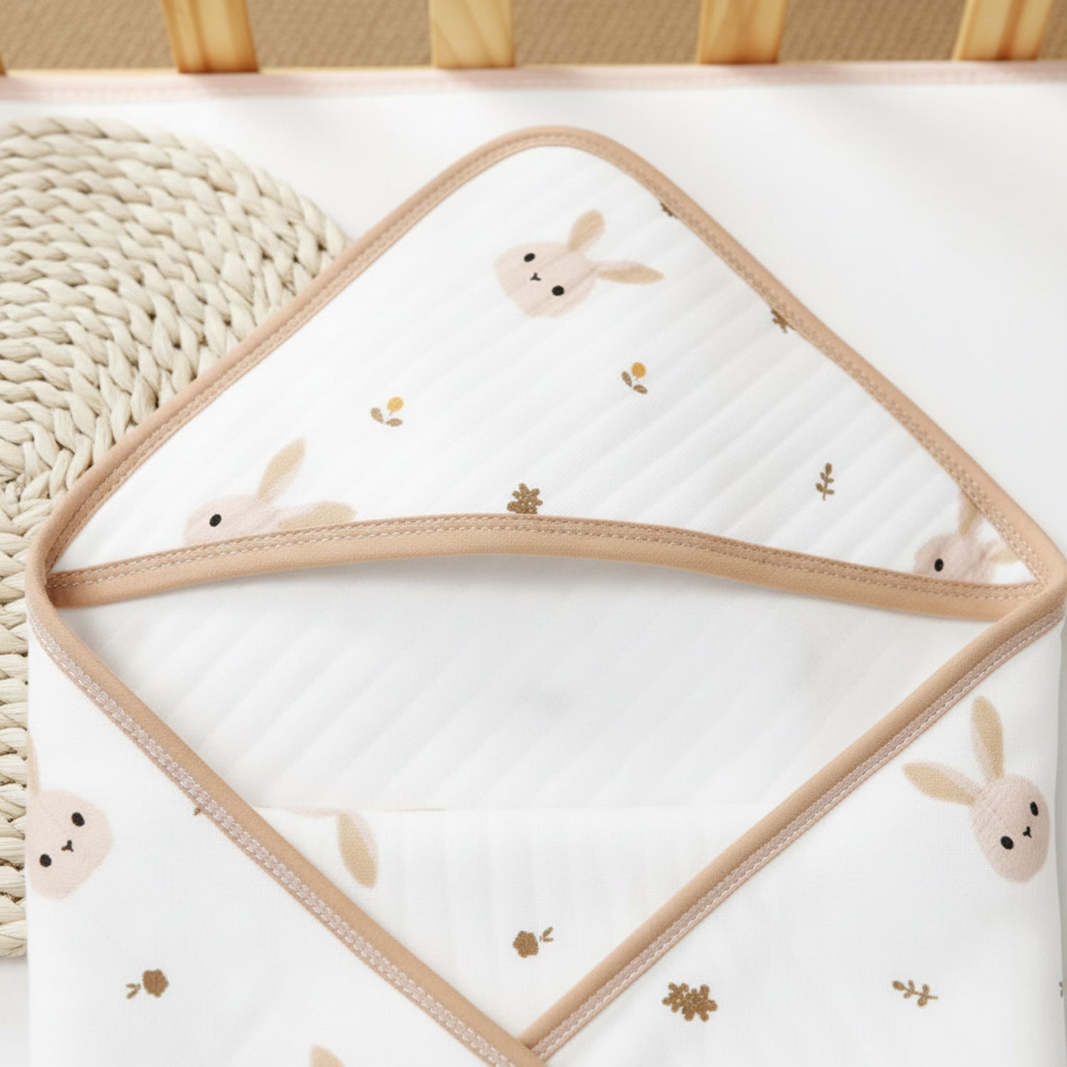 Baby Moo Bunny Prints Soft Hooded Wrapper With Belt - White