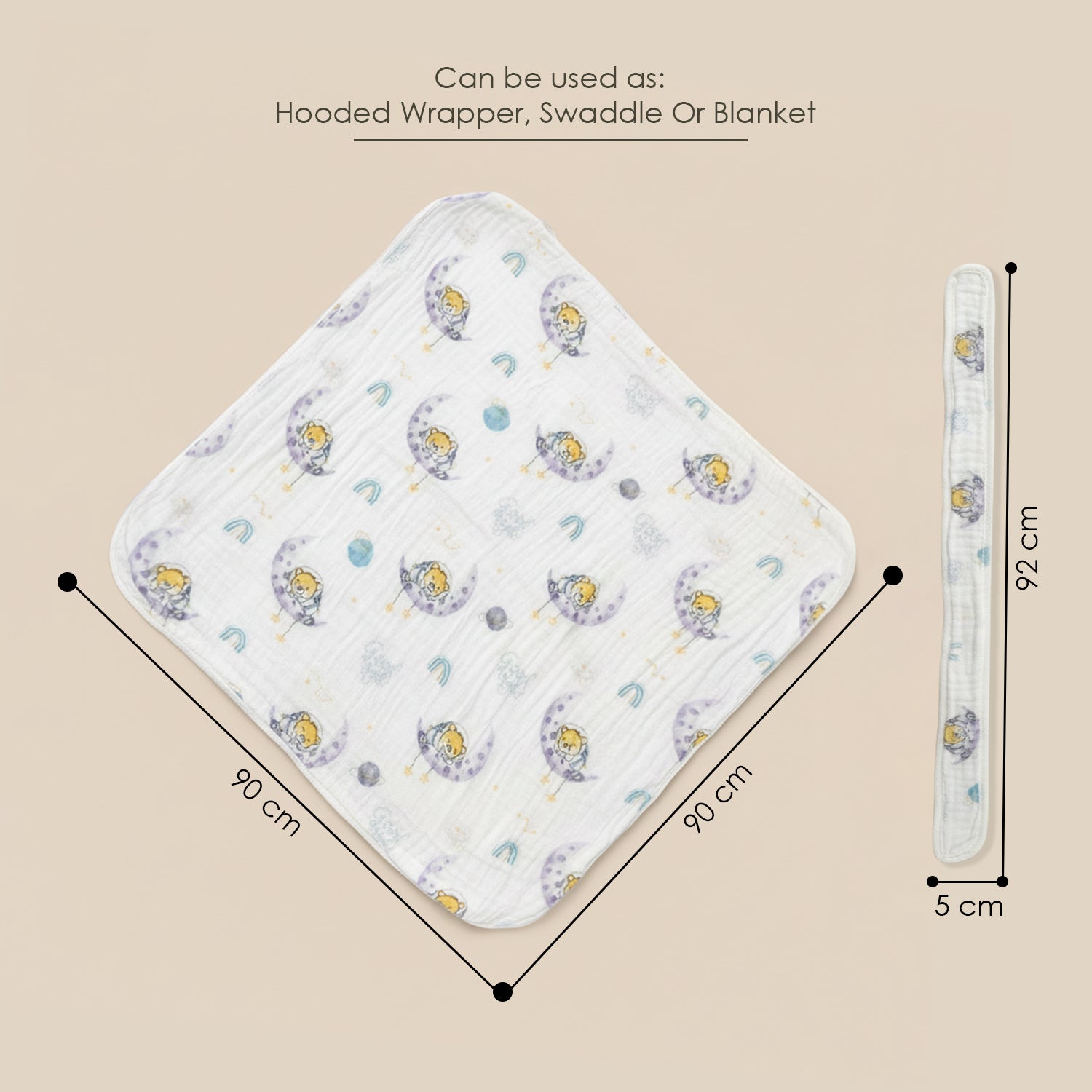 Baby Moo Koala Print Hooded Muslin Wrapper With Velcro Belt - White