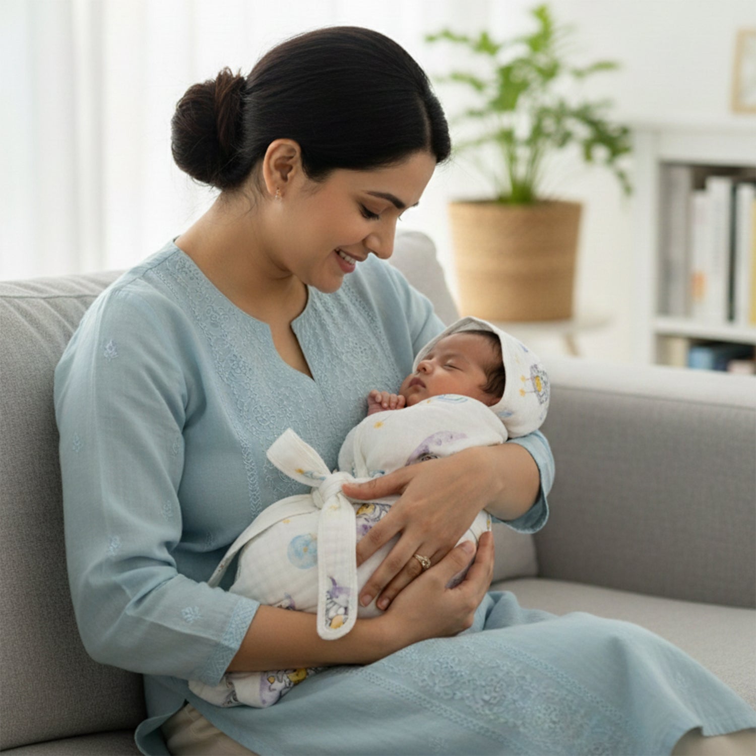 Baby Moo Koala Print Hooded Muslin Wrapper With Velcro Belt - White