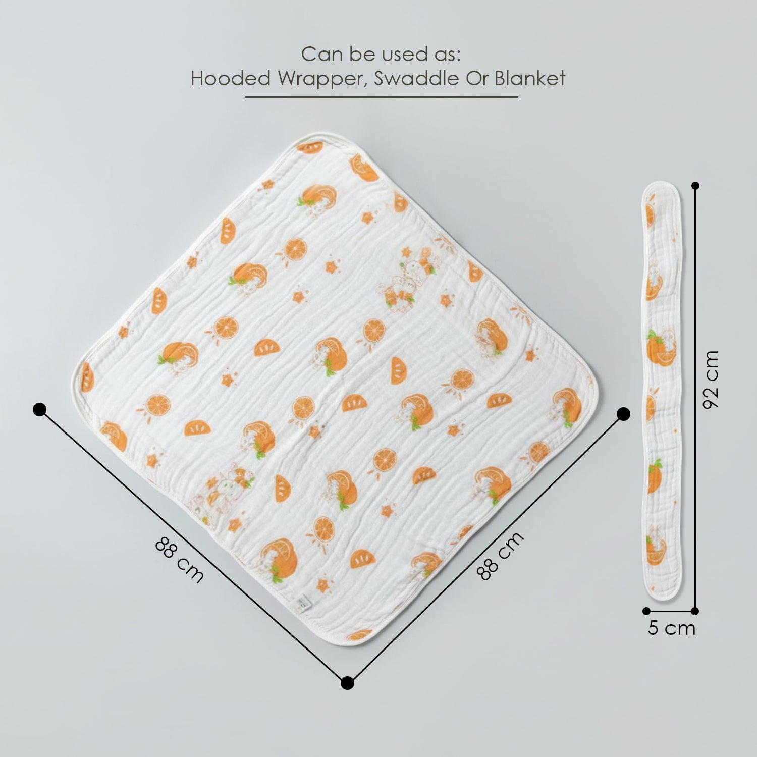 Baby Moo Orange Print Hooded Muslin Wrapper 6 Layer Hooded With Velcro Belt - White