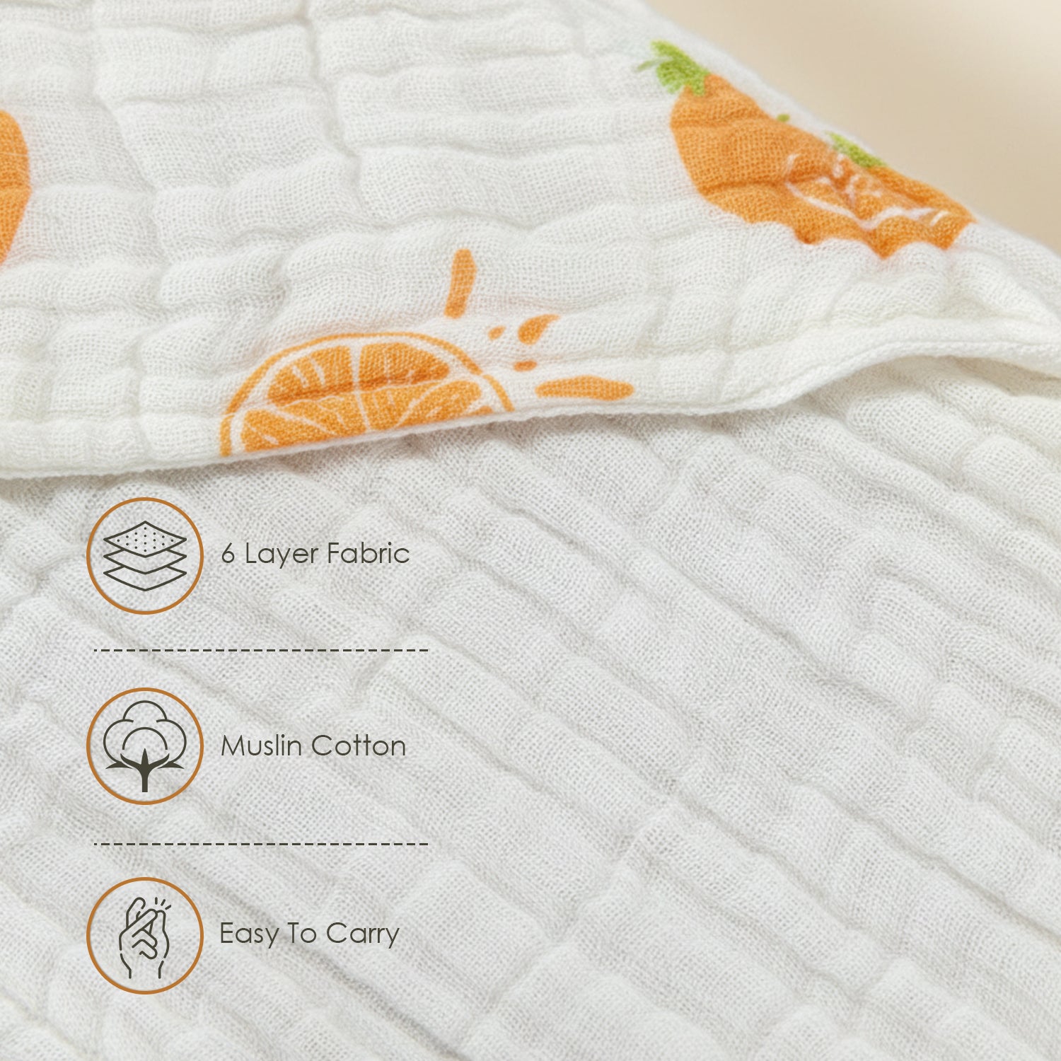 Baby Moo Orange Print Hooded Muslin Wrapper 6 Layer Hooded With Velcro Belt - White