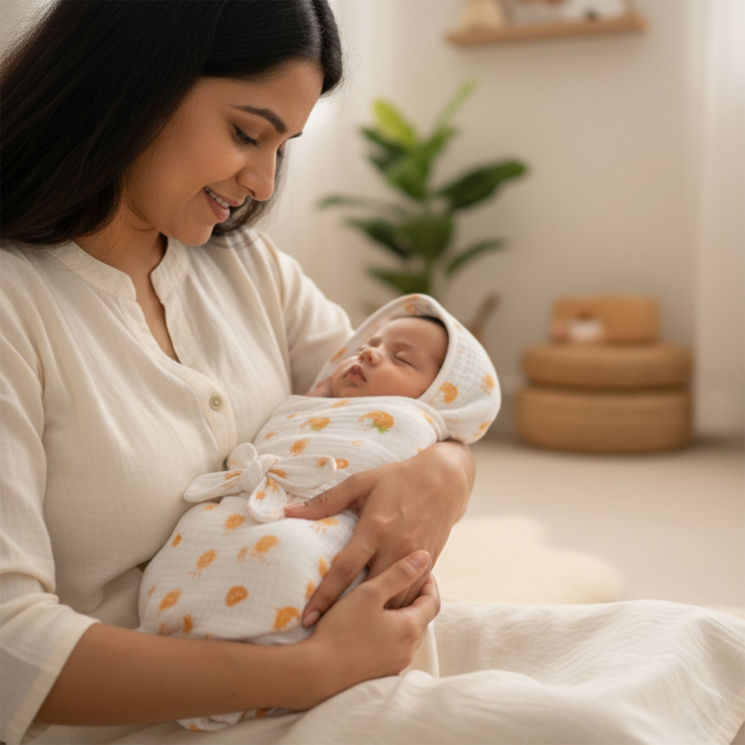 Baby Moo Orange Print Hooded Muslin Wrapper 6 Layer Hooded With Velcro Belt - White