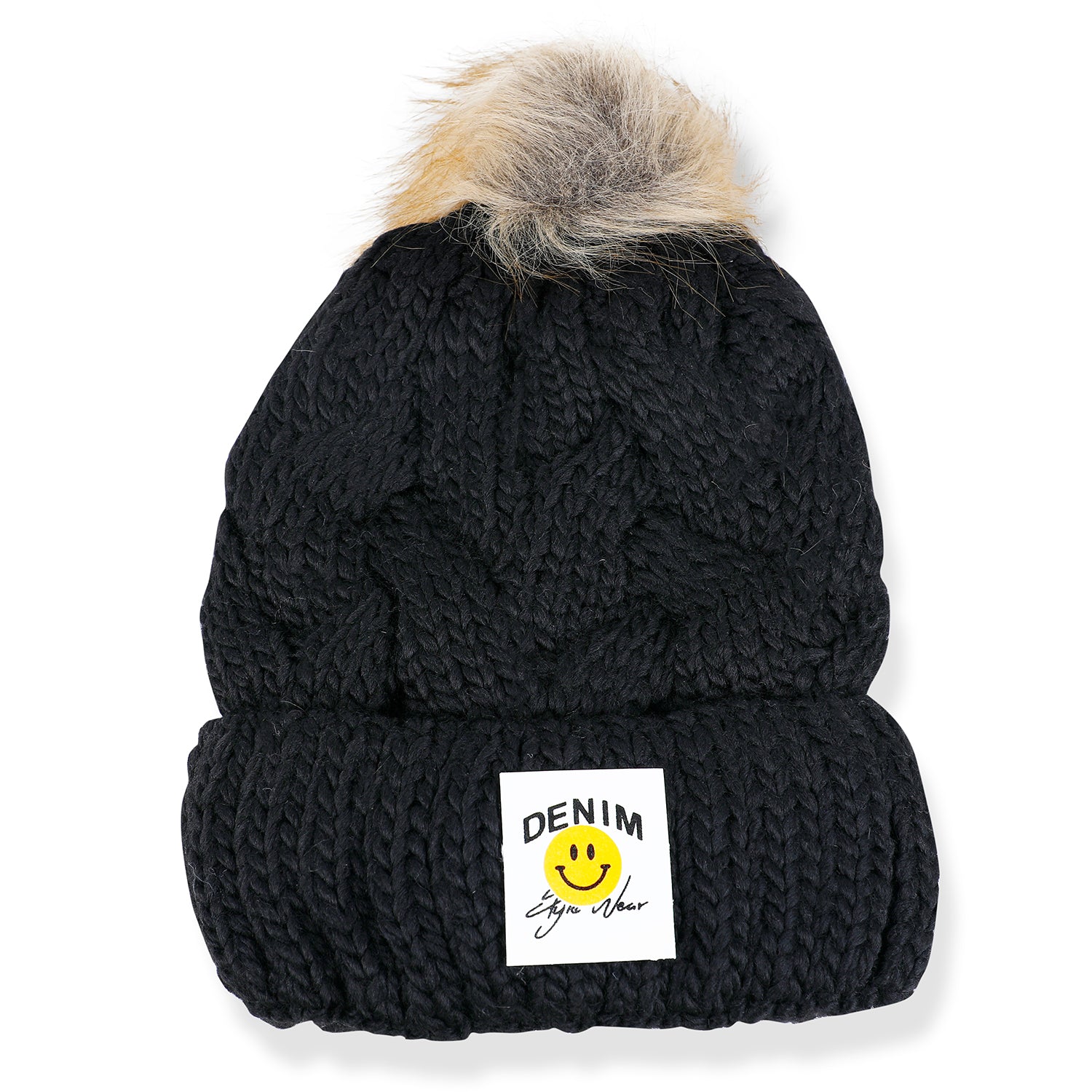 Baby Moo Pom Pom Knitted Woollen Cap - Black - Baby Moo