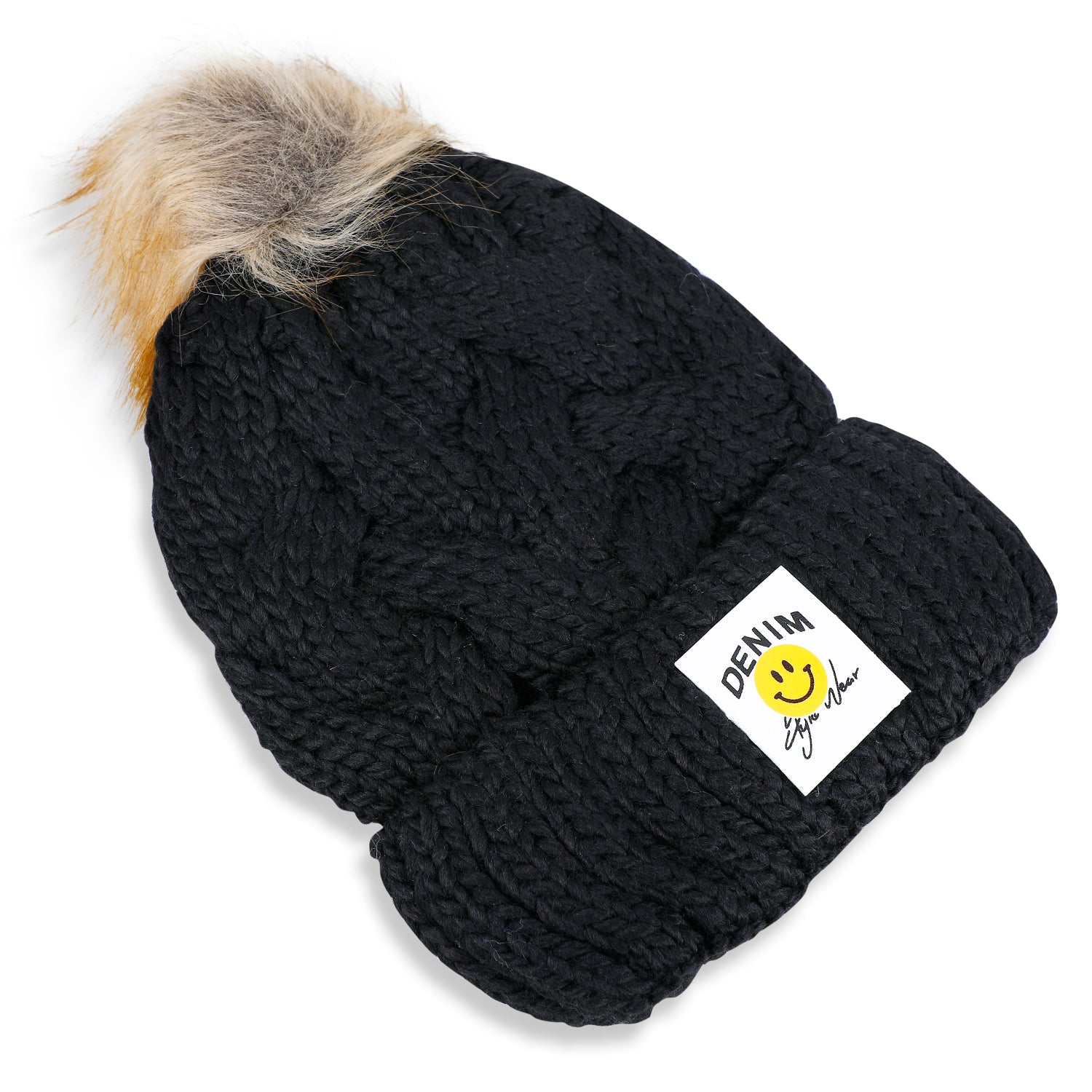 Baby Moo Pom Pom Knitted Woollen Cap - Black - Baby Moo