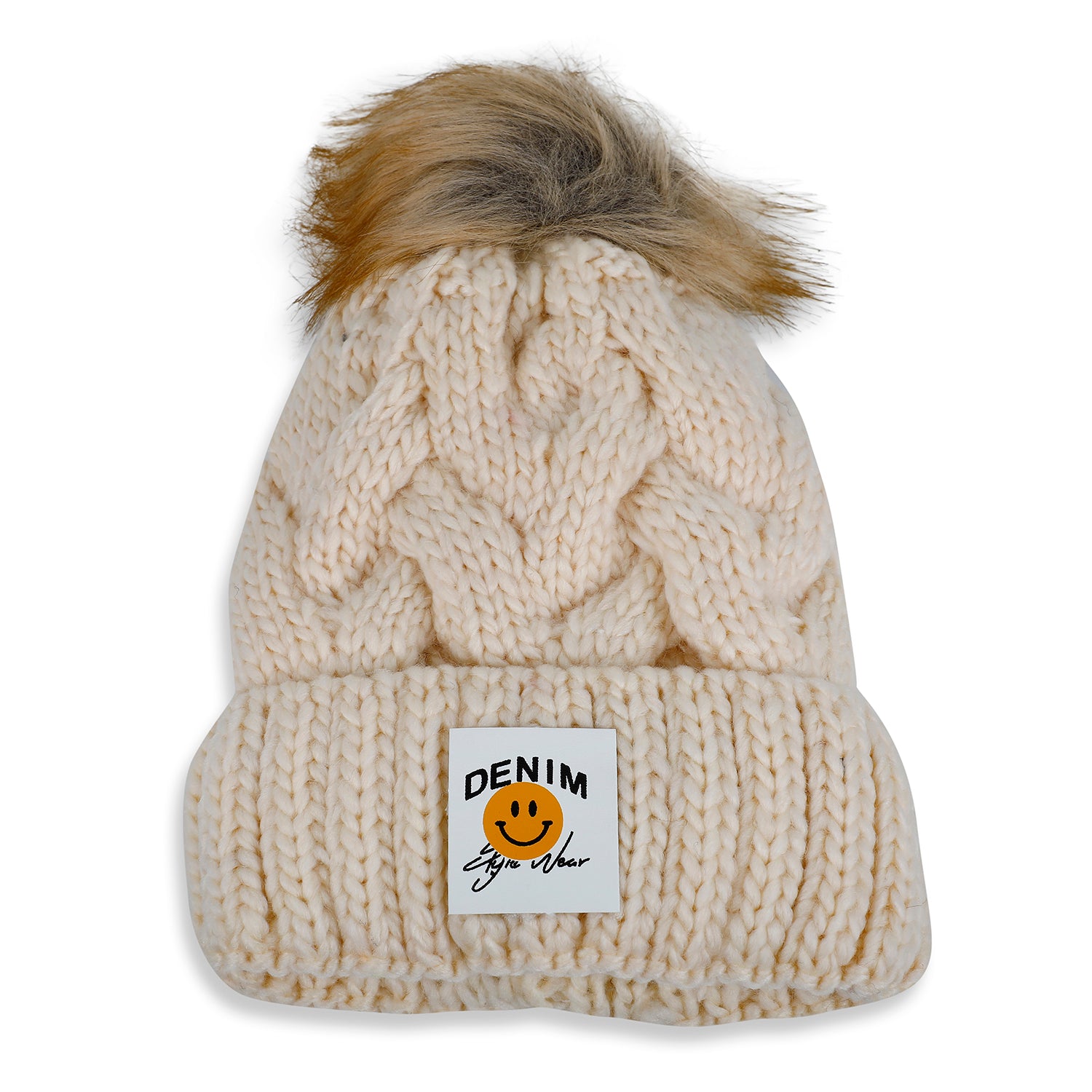 Baby Moo Pom Pom Knitted Woollen Cap - Cream - Baby Moo