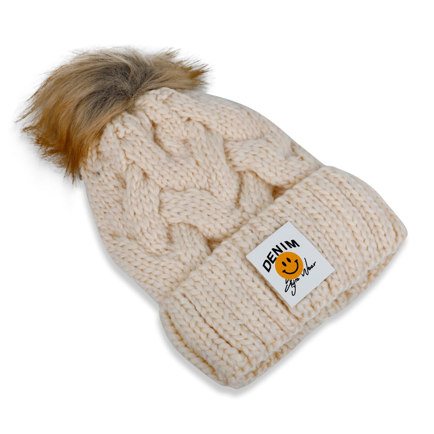 Baby Moo Pom Pom Knitted Woollen Cap - Cream - Baby Moo