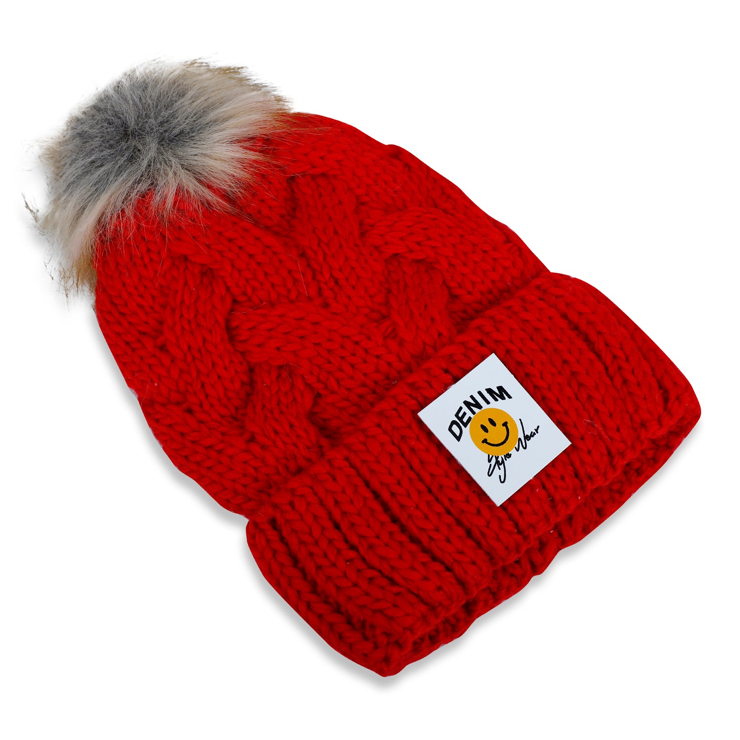 Baby Moo Pom Pom Knitted Woollen Cap - Red - Baby Moo