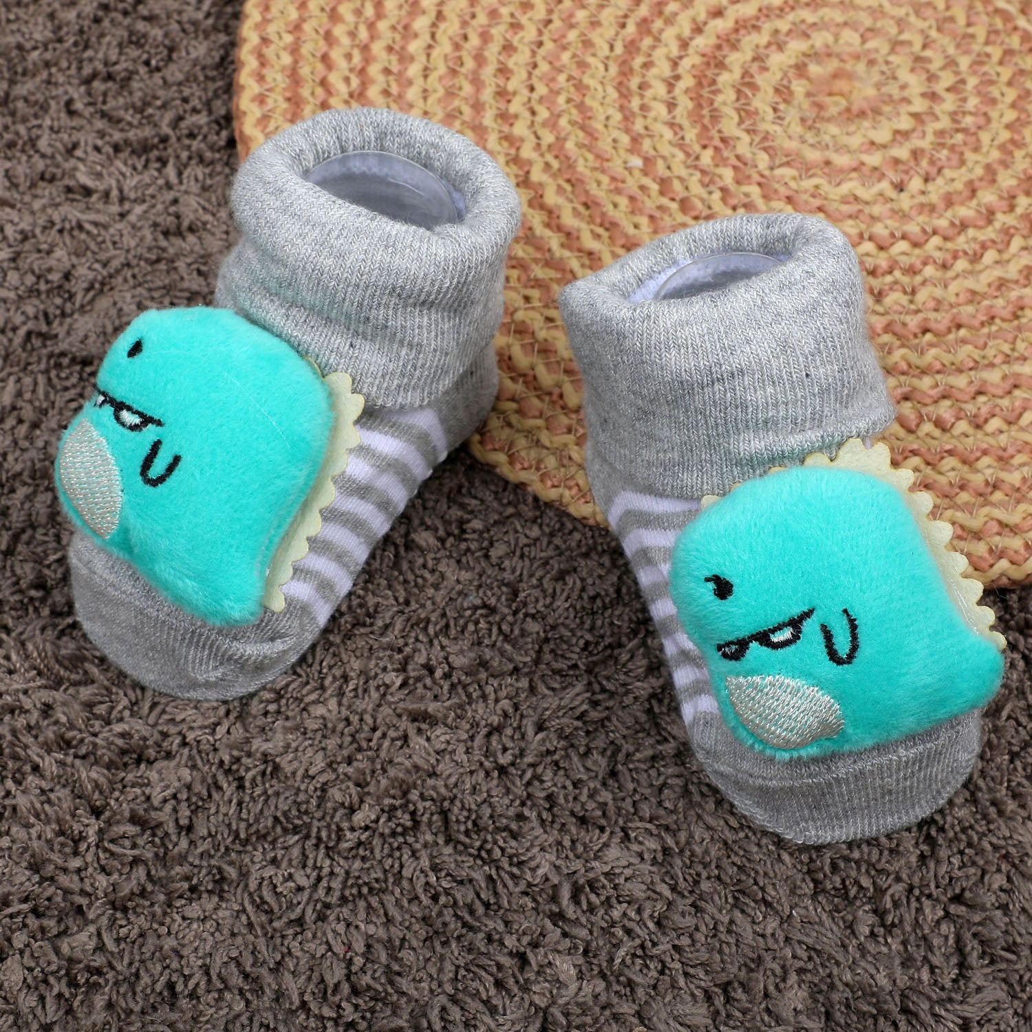 Baby Moo Dino Cotton Anti-Skid 3D Socks - Grey - Baby Moo
